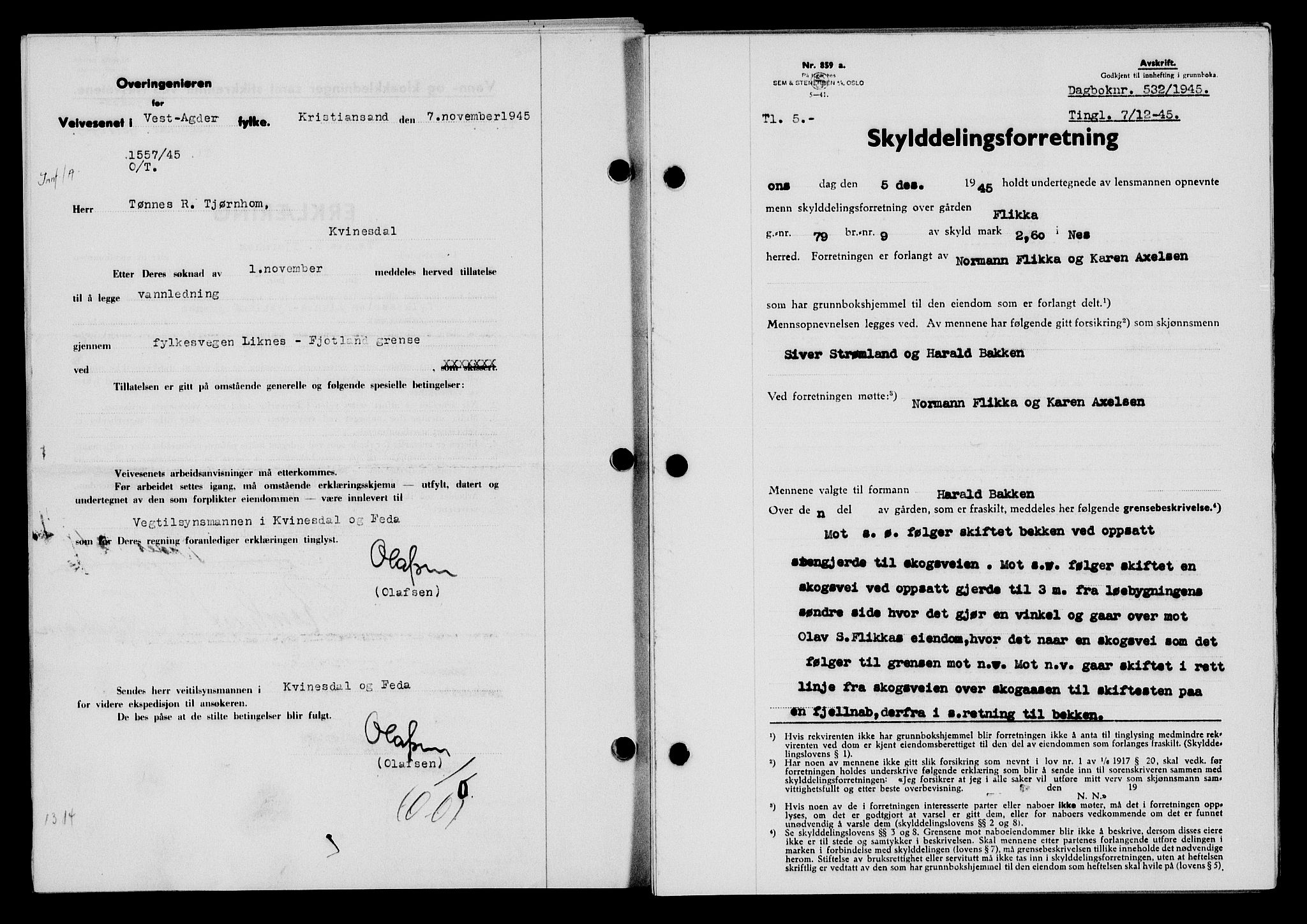 Flekkefjord sorenskriveri, SAK/1221-0001/G/Gb/Gba/L0060: Mortgage book no. A-8, 1945-1946, Diary no: : 532/1945