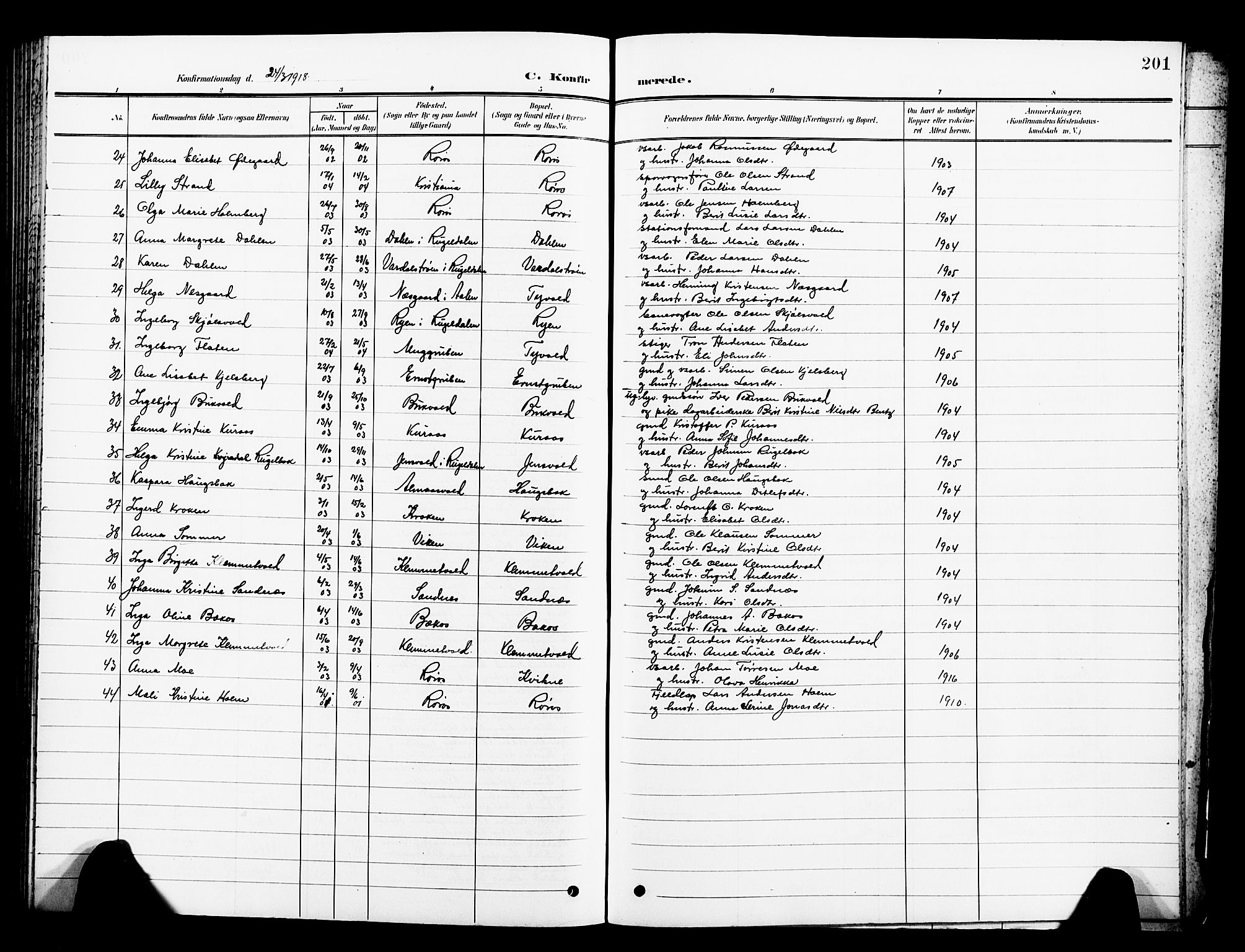 Ministerialprotokoller, klokkerbøker og fødselsregistre - Sør-Trøndelag, AV/SAT-A-1456/681/L0942: Parish register (copy) no. 681C06, 1906-1925, p. 201