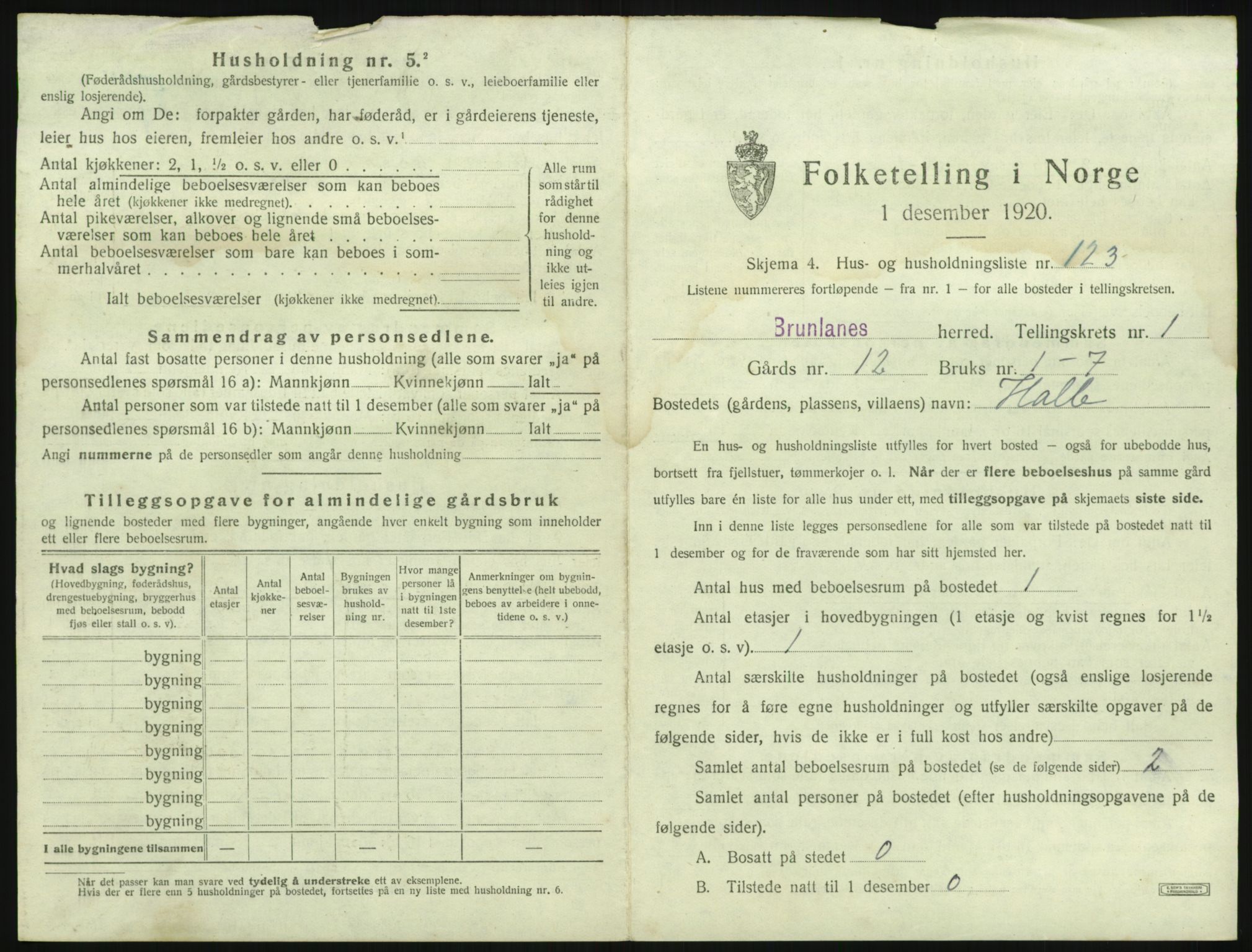 SAKO, 1920 census for Brunlanes, 1920, p. 309