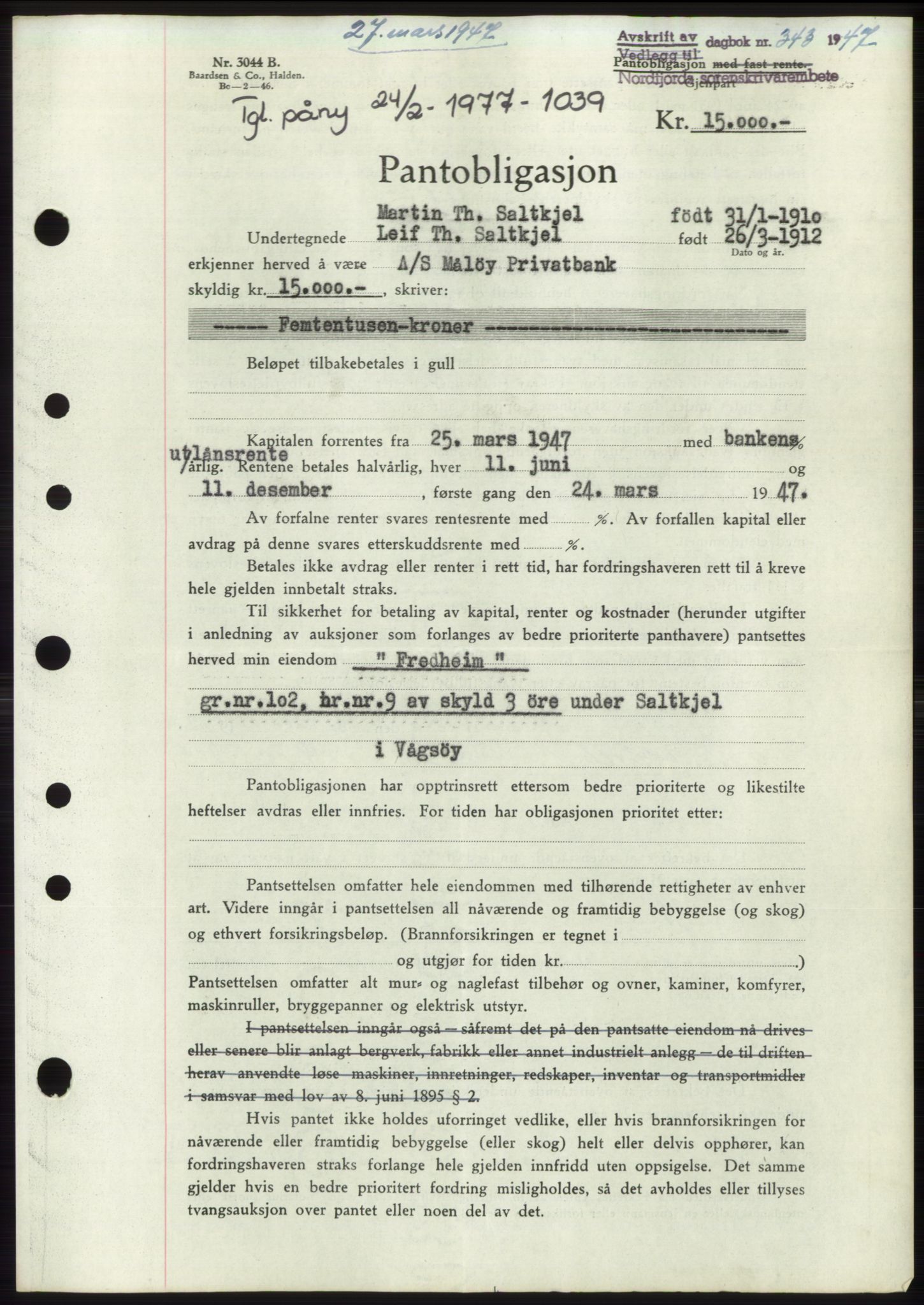 Nordfjord sorenskriveri, SAB/A-2801/02/02b/02bk/L0005: Mortgage book no. B7-8, 1946-1947, Diary no: : 343/1947
