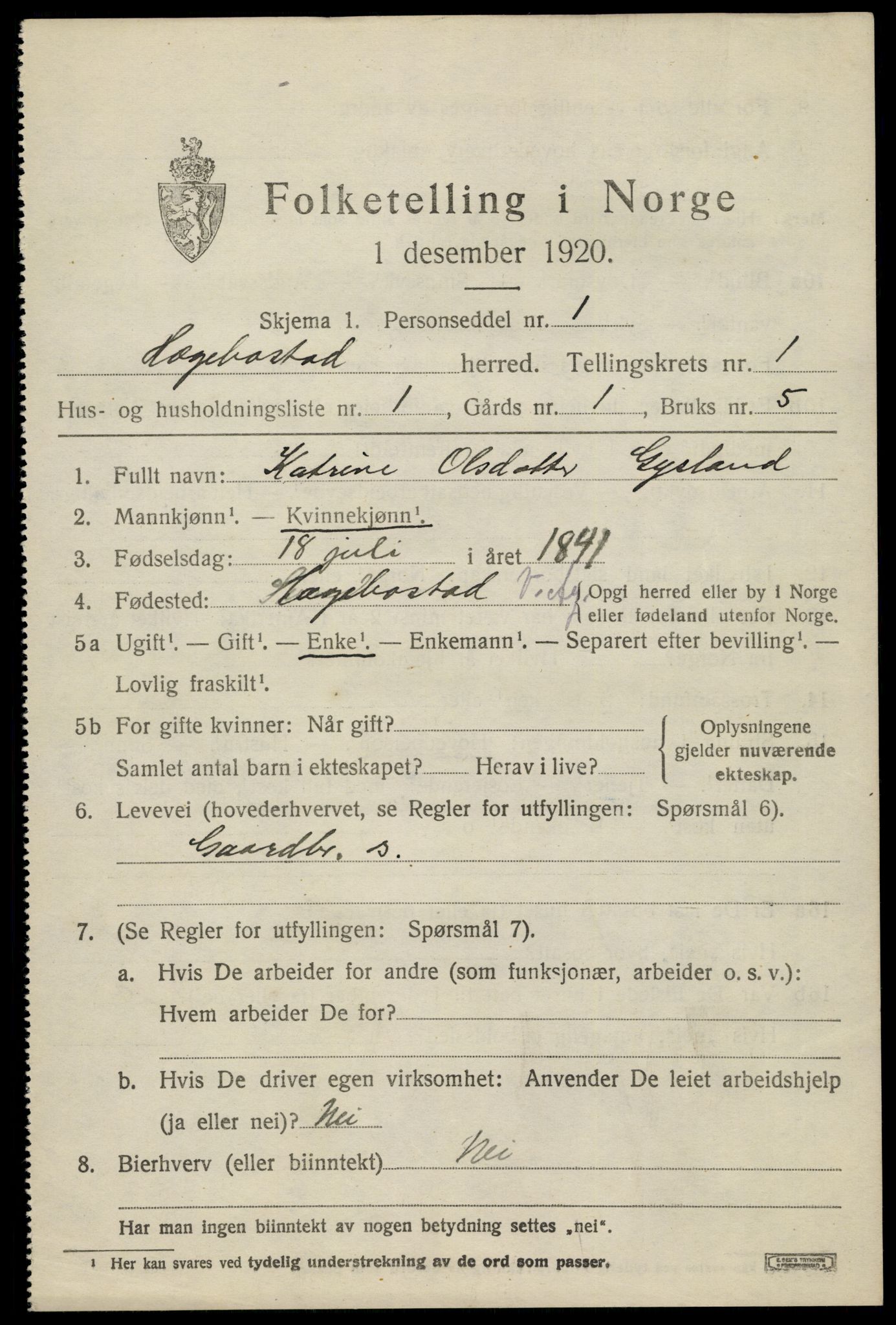 SAK, 1920 census for Hægebostad, 1920, p. 517