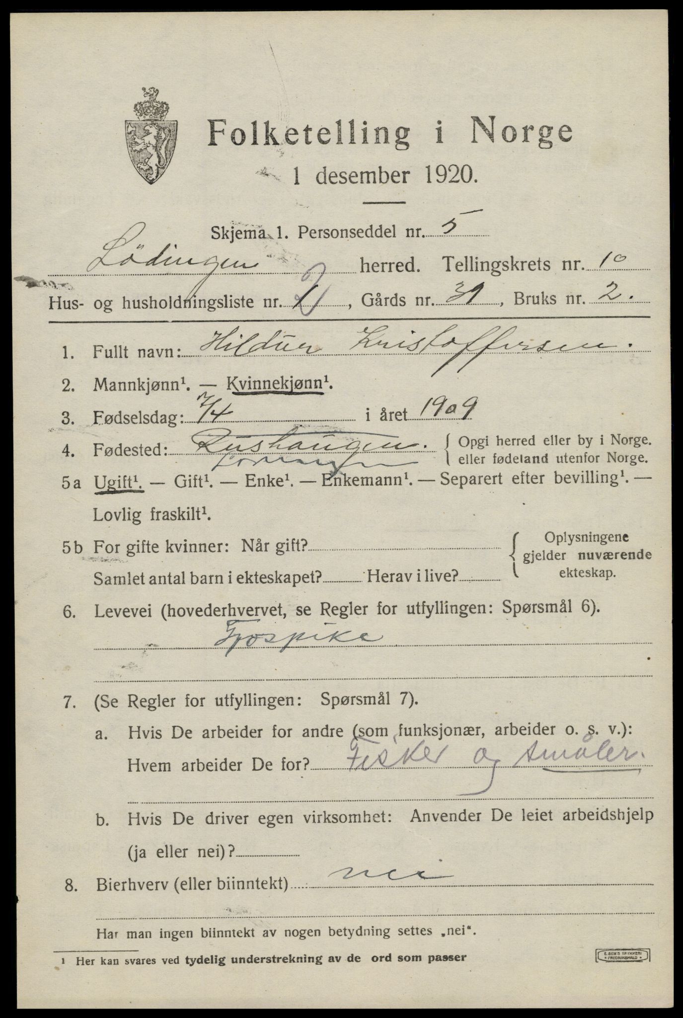 SAT, 1920 census for Lødingen, 1920, p. 5989