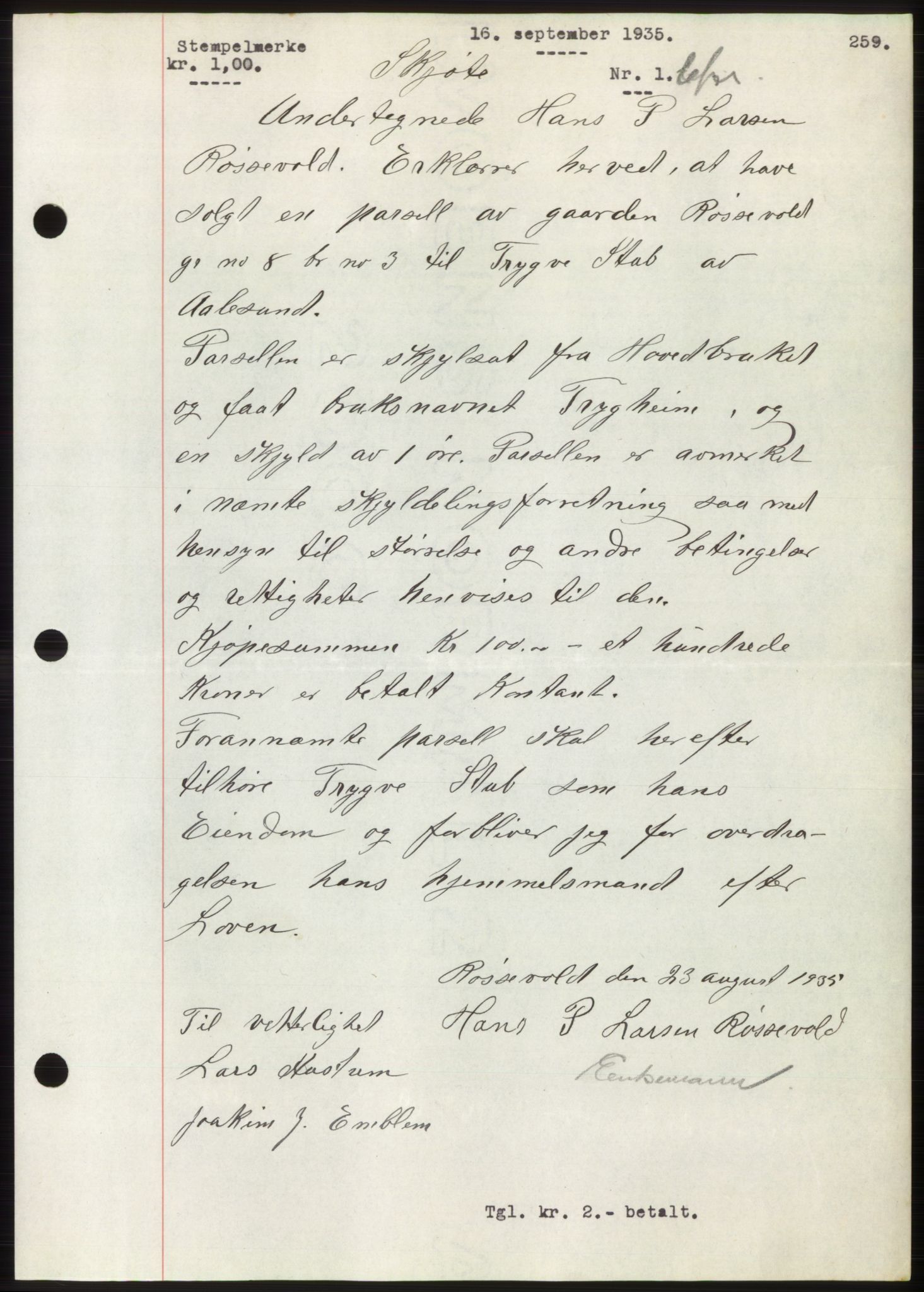 Nordre Sunnmøre sorenskriveri, AV/SAT-A-0006/1/2/2C/2Ca/L0058: Mortgage book no. 58, 1935-1935, Deed date: 16.09.1935