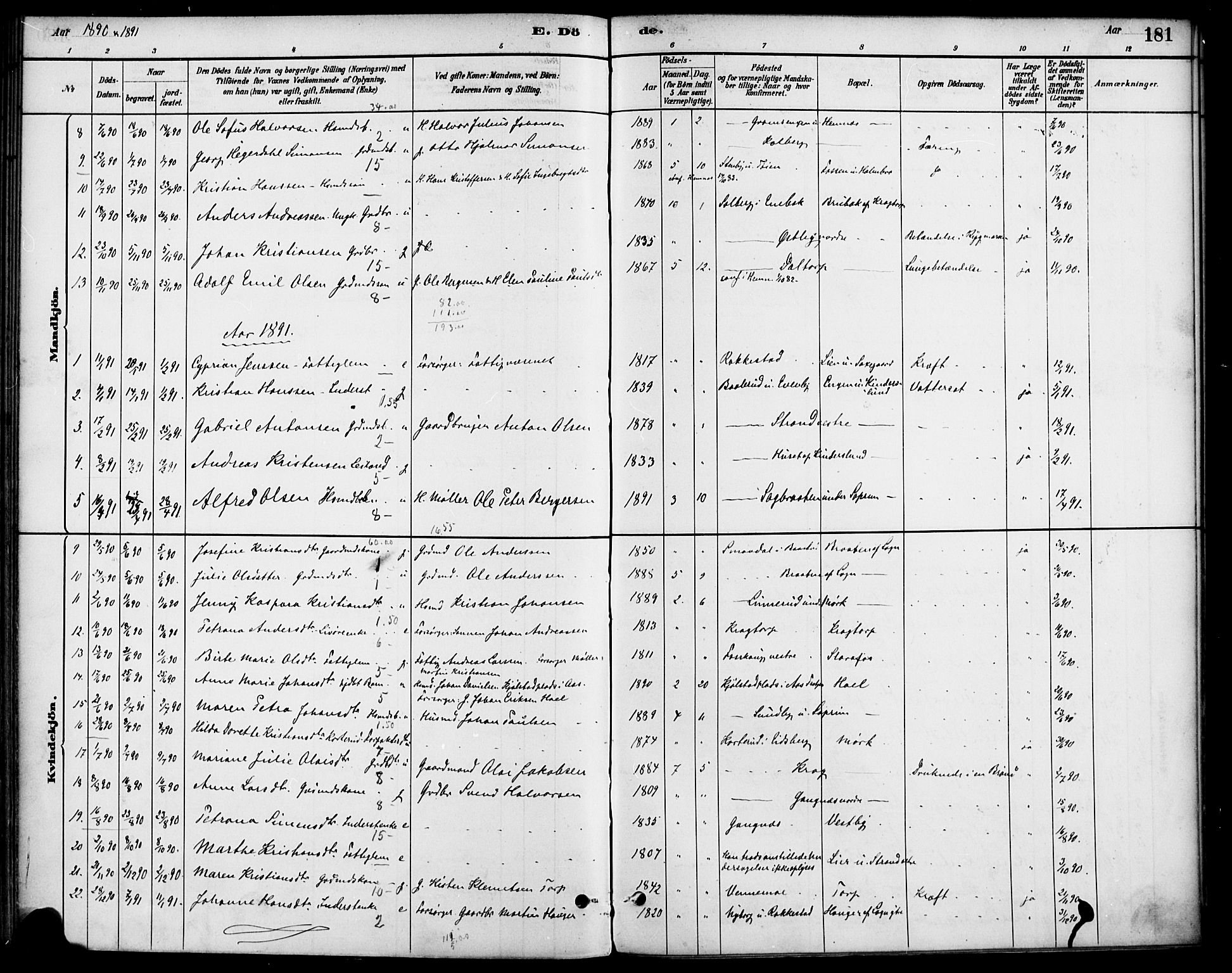 Høland prestekontor Kirkebøker, AV/SAO-A-10346a/F/Fb/L0001: Parish register (official) no. II 1, 1880-1897, p. 181