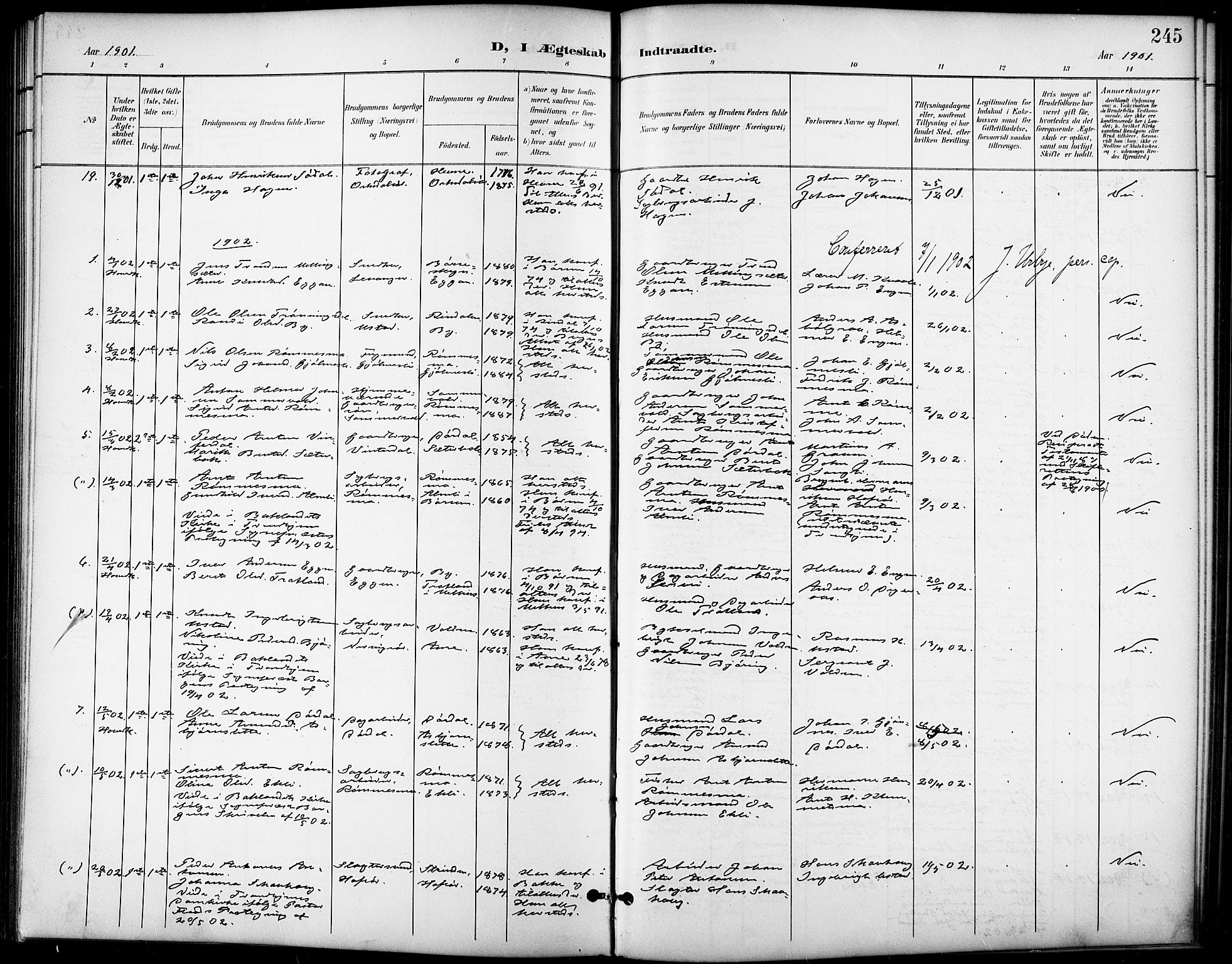Ministerialprotokoller, klokkerbøker og fødselsregistre - Sør-Trøndelag, SAT/A-1456/668/L0819: Parish register (copy) no. 668C08, 1899-1912, p. 245
