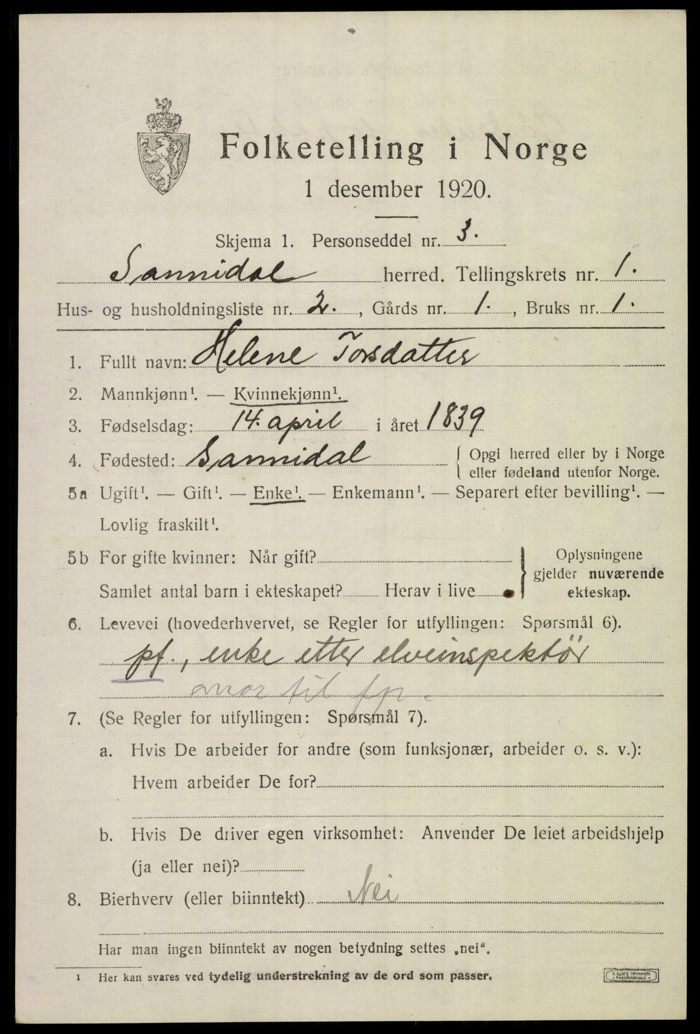 SAKO, 1920 census for Sannidal, 1920, p. 1045