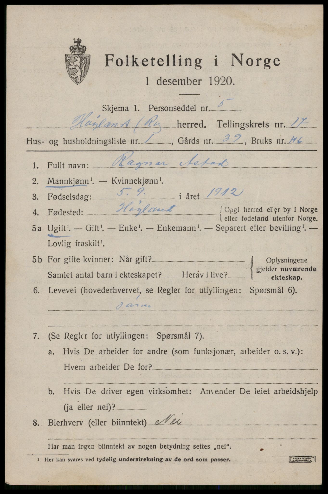 SAST, 1920 census for Høyland, 1920, p. 15608