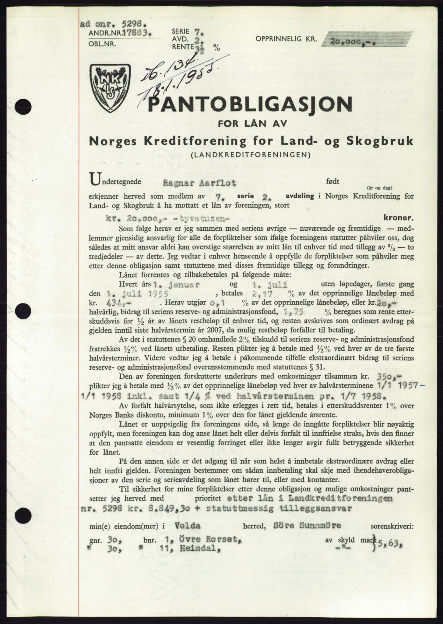 Søre Sunnmøre sorenskriveri, AV/SAT-A-4122/1/2/2C/L0126: Mortgage book no. 14B, 1954-1955, Diary no: : 134/1955