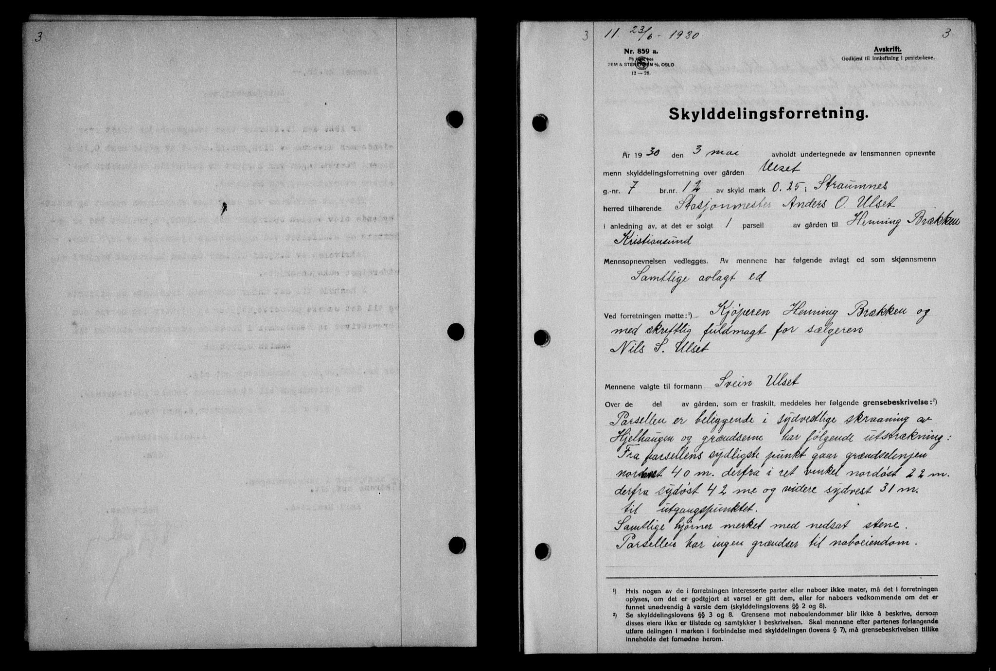 Nordmøre sorenskriveri, AV/SAT-A-4132/1/2/2Ca/L0070: Mortgage book no. 60, 1930-1930, Deed date: 23.06.1930