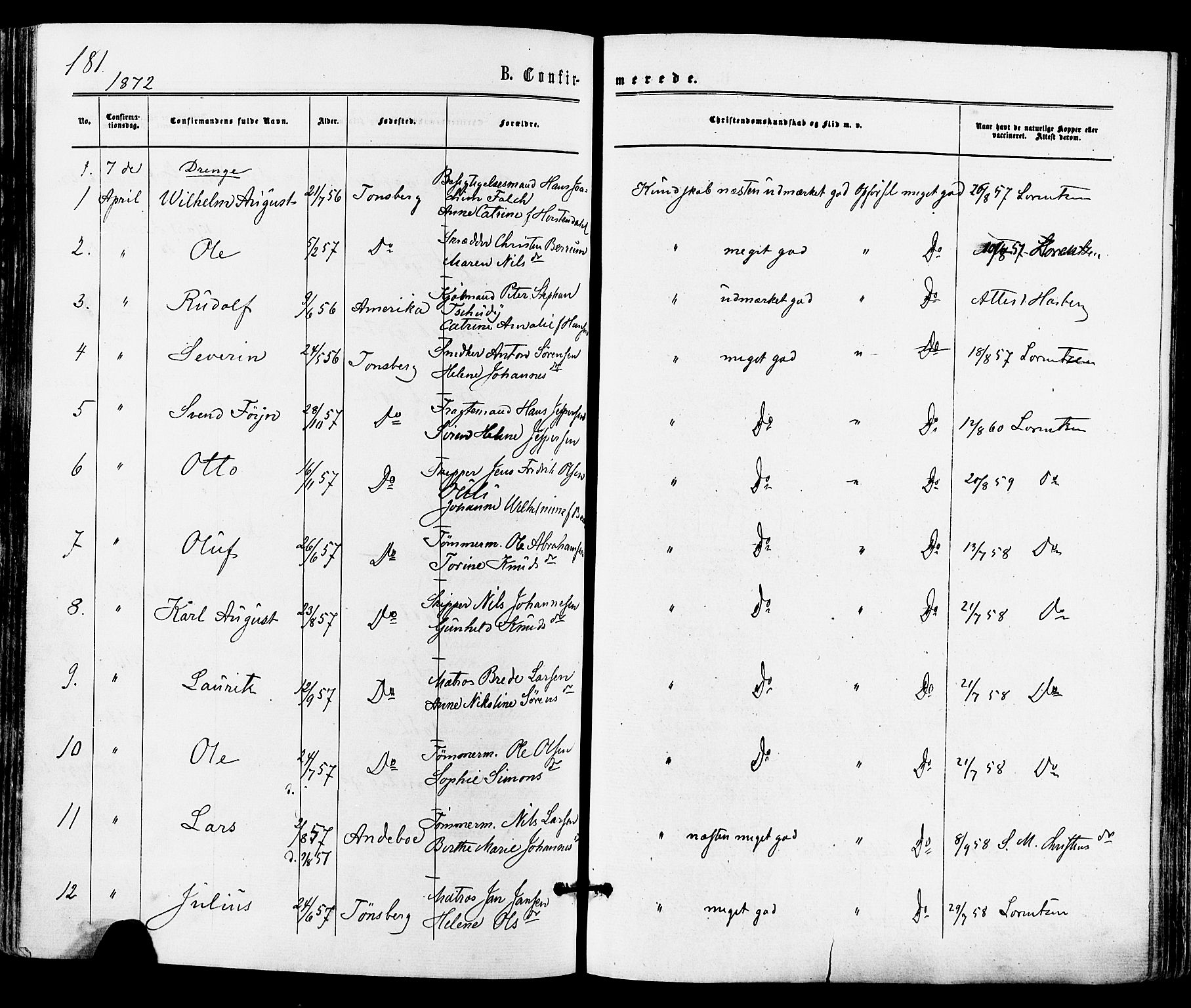 Tønsberg kirkebøker, SAKO/A-330/F/Fa/L0009: Parish register (official) no. I 9, 1865-1873, p. 181
