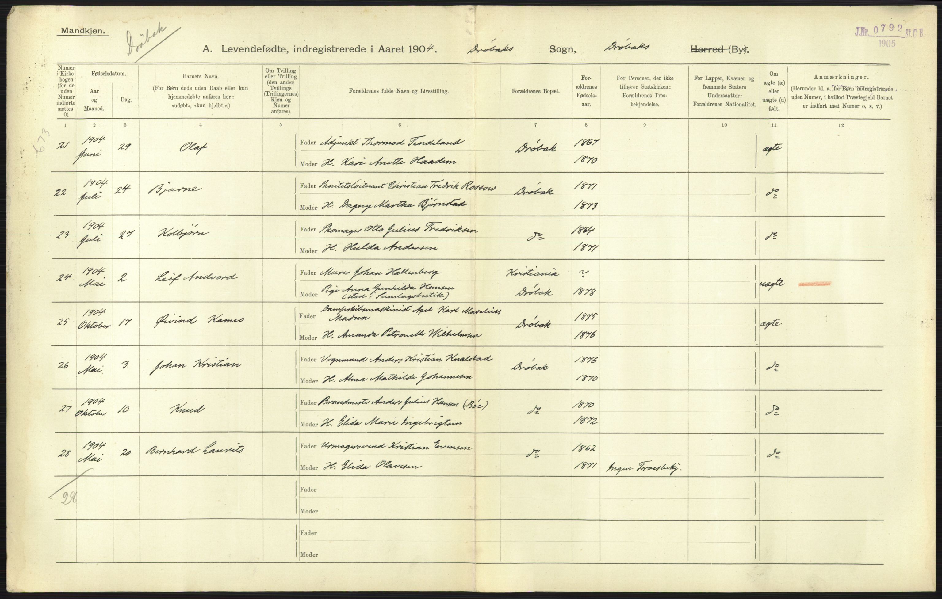 Statistisk sentralbyrå, Sosiodemografiske emner, Befolkning, AV/RA-S-2228/D/Df/Dfa/Dfab/L0002: Akershus amt: Fødte, gifte, døde, 1904, p. 443