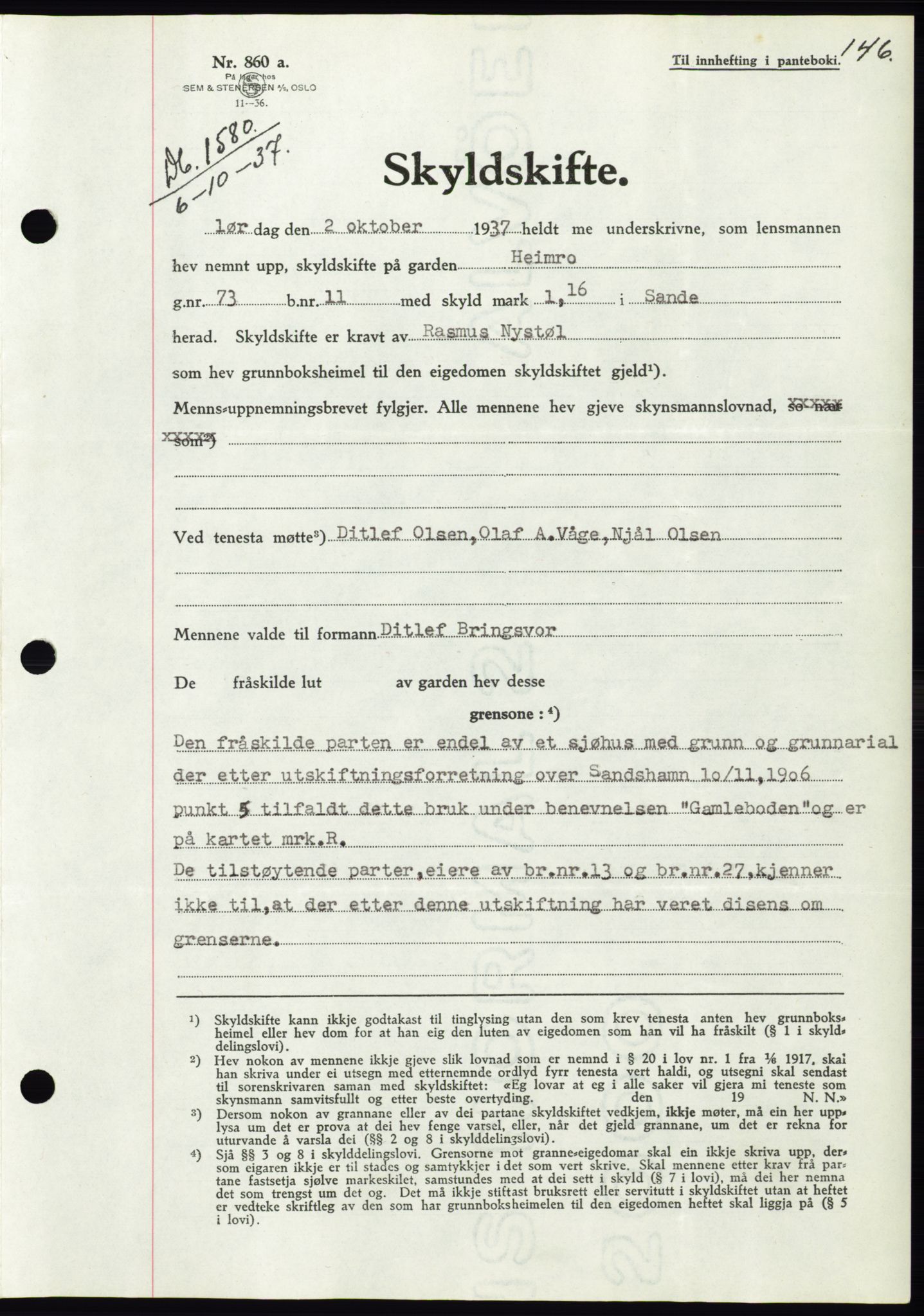 Søre Sunnmøre sorenskriveri, AV/SAT-A-4122/1/2/2C/L0064: Mortgage book no. 58, 1937-1938, Diary no: : 1580/1937