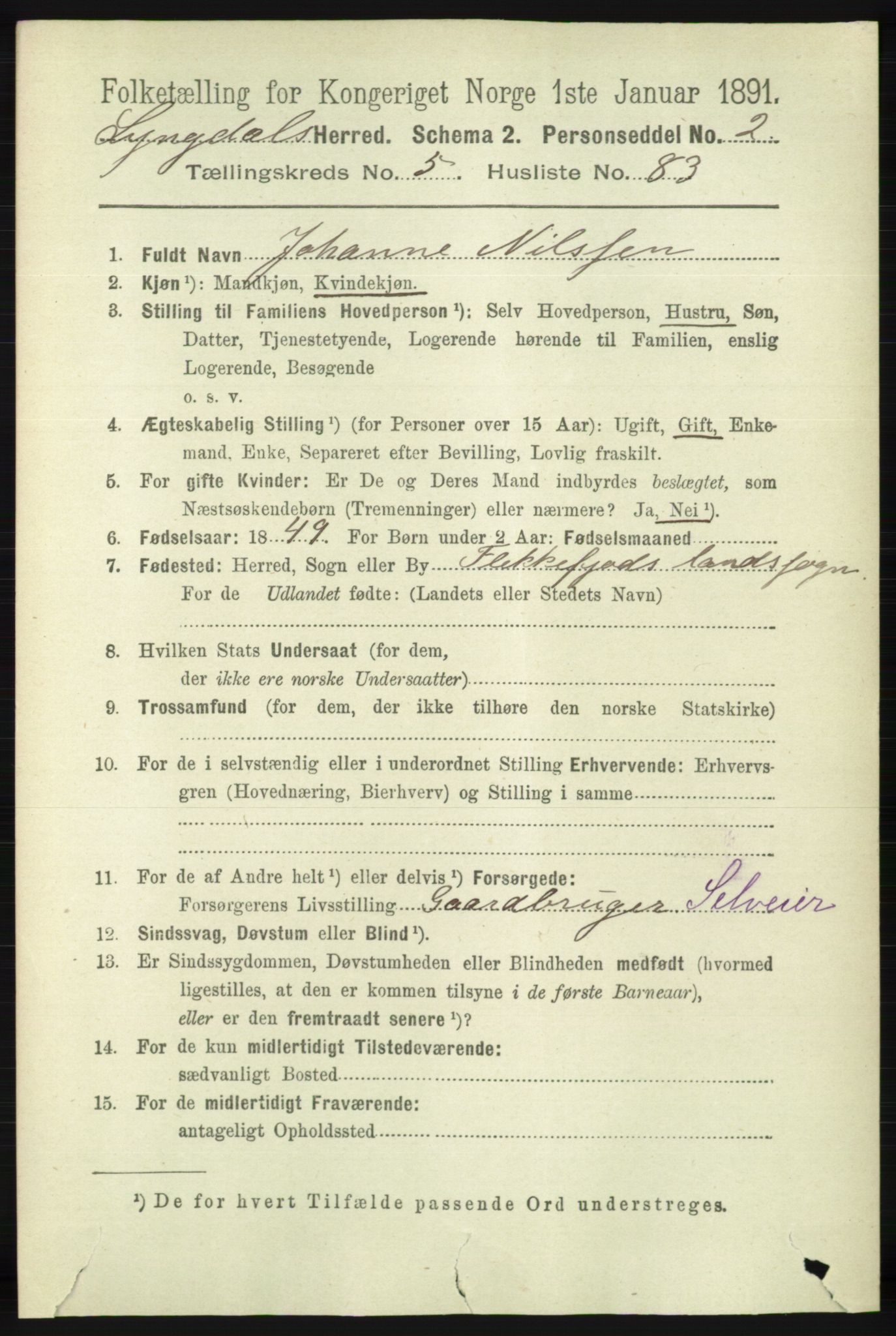 RA, 1891 census for 1032 Lyngdal, 1891, p. 2365