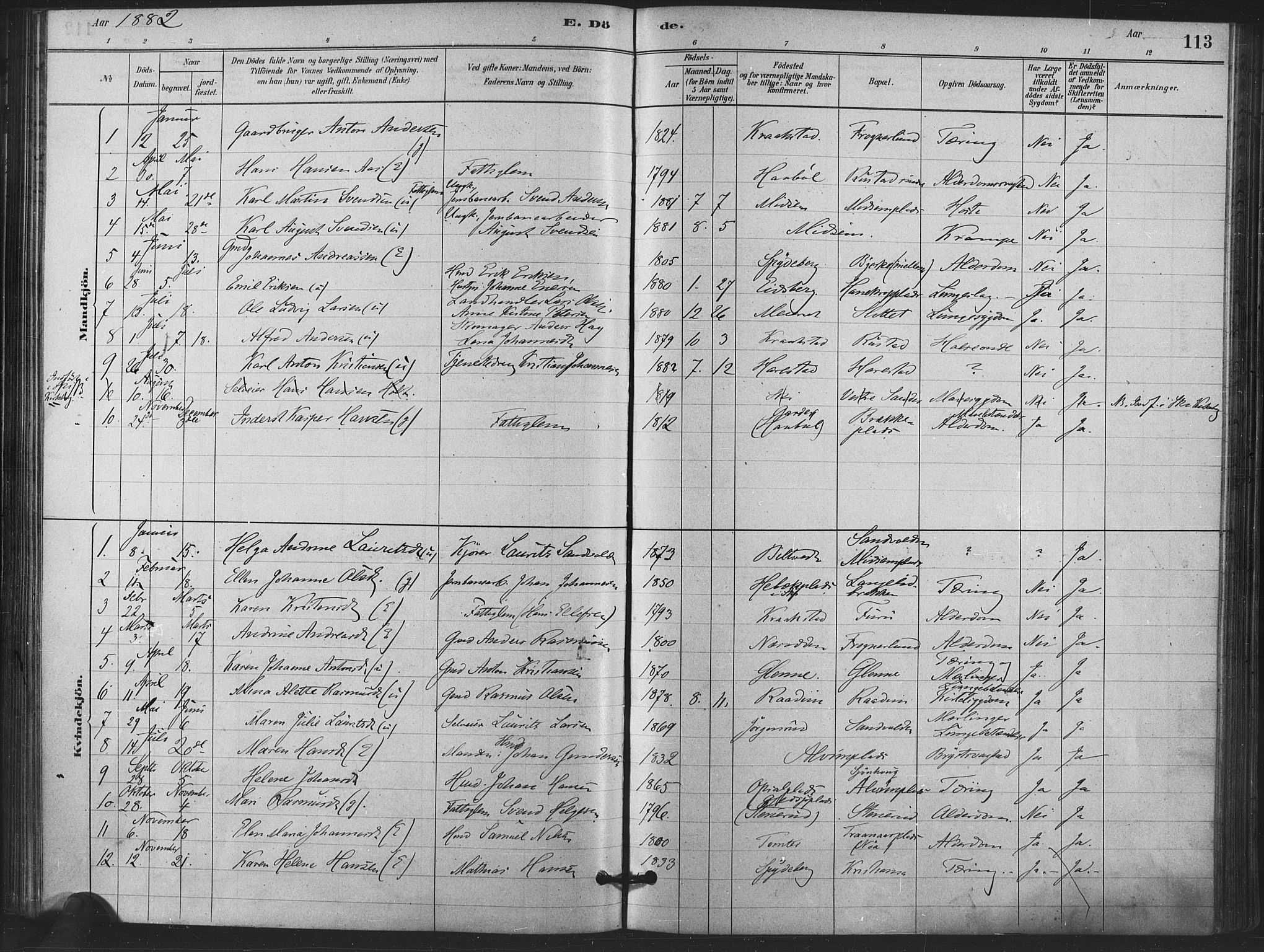Kråkstad prestekontor Kirkebøker, AV/SAO-A-10125a/F/Fa/L0009: Parish register (official) no. I 9, 1880-1892, p. 113
