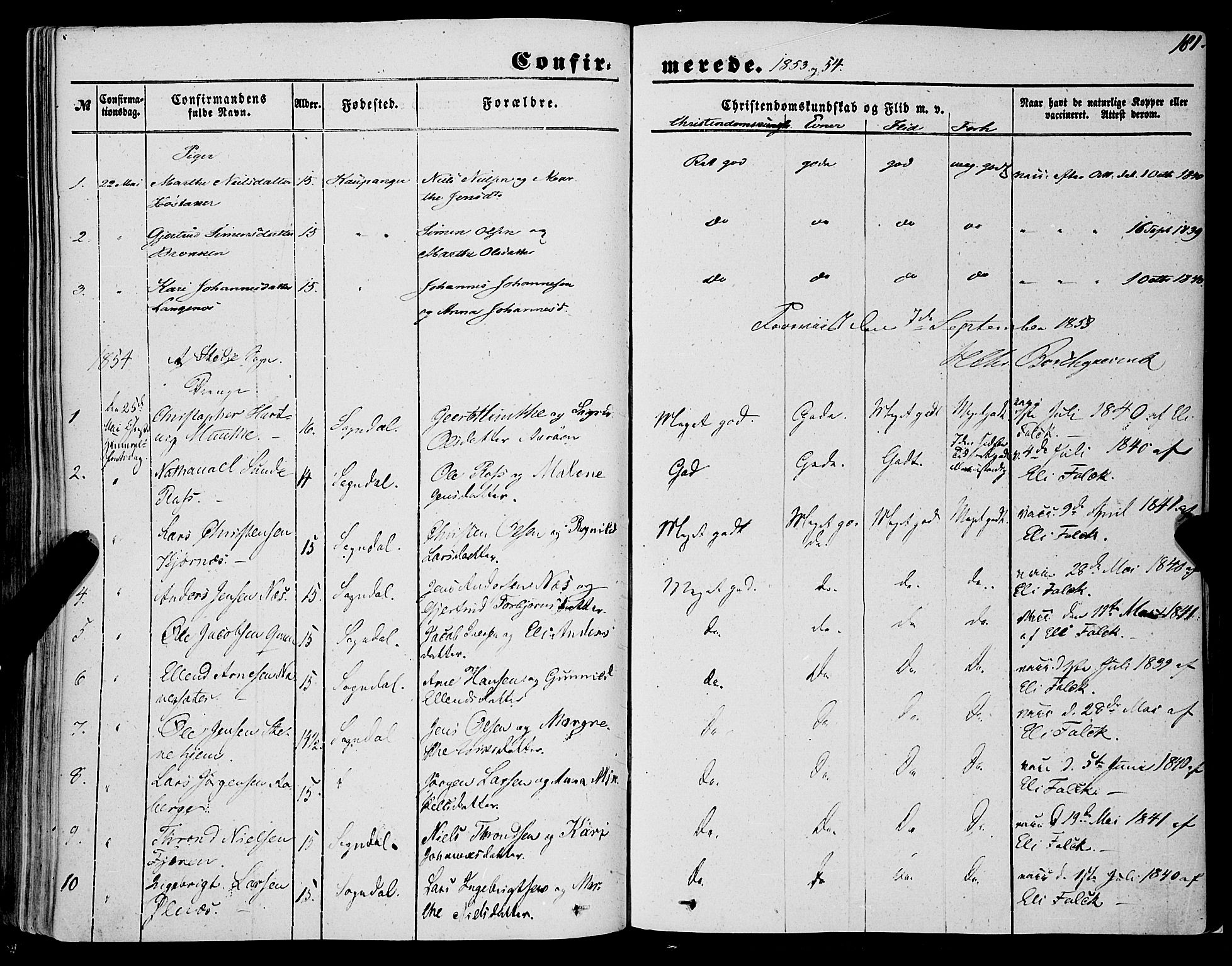 Sogndal sokneprestembete, SAB/A-81301/H/Haa/Haaa/L0012I: Parish register (official) no. A 12I, 1847-1859, p. 181