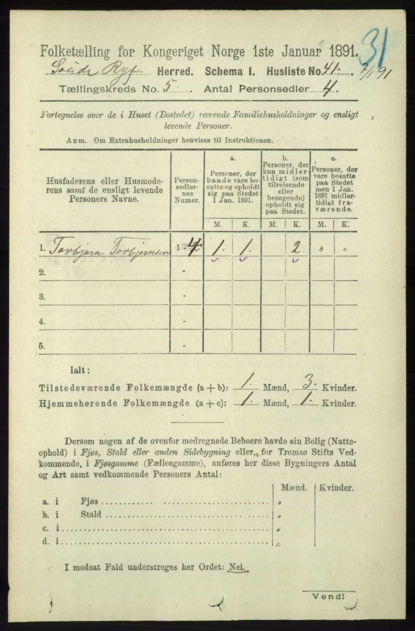 RA, 1891 census for 1135 Sauda, 1891, p. 2203