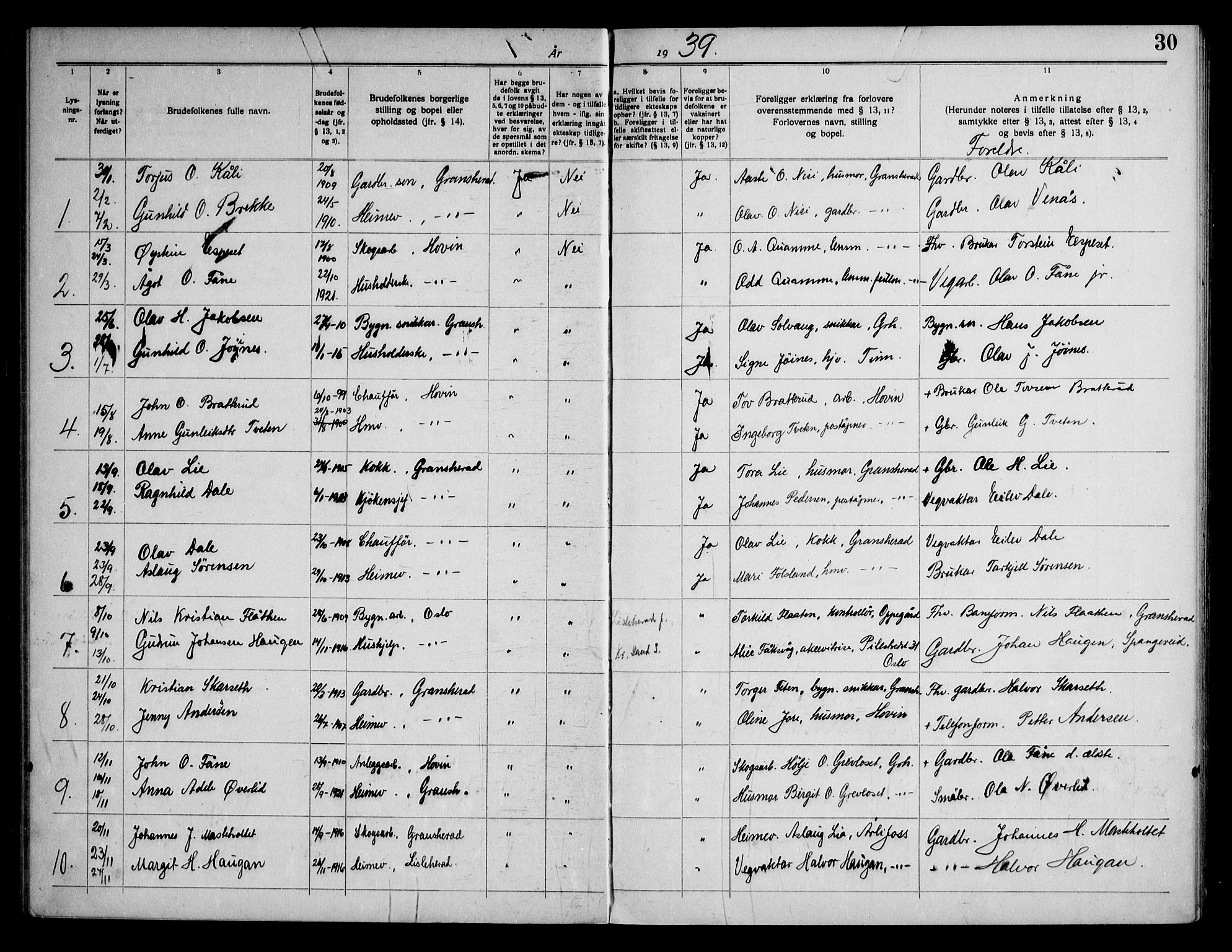 Gransherad kirkebøker, AV/SAKO-A-267/H/Ha/L0001: Banns register no. 1, 1919-1972, p. 30