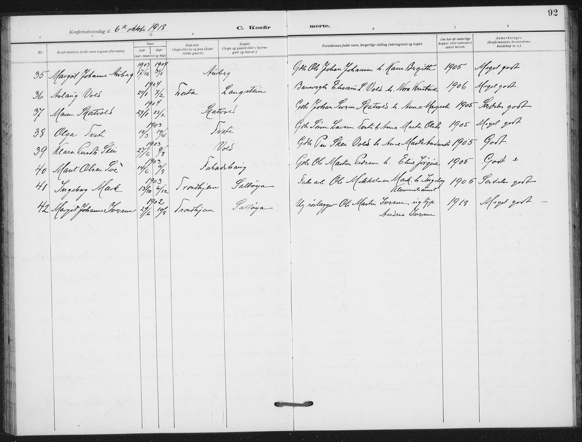 Ministerialprotokoller, klokkerbøker og fødselsregistre - Nord-Trøndelag, SAT/A-1458/712/L0102: Parish register (official) no. 712A03, 1916-1929, p. 92