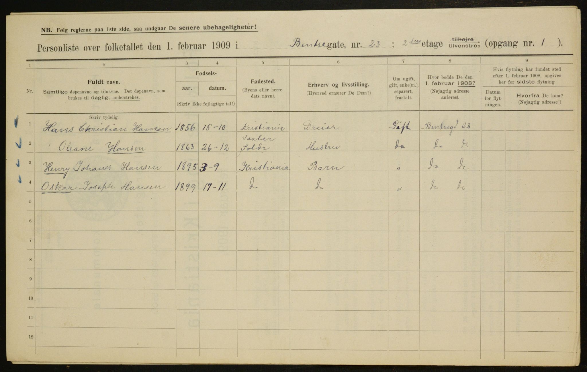 OBA, Municipal Census 1909 for Kristiania, 1909, p. 3423