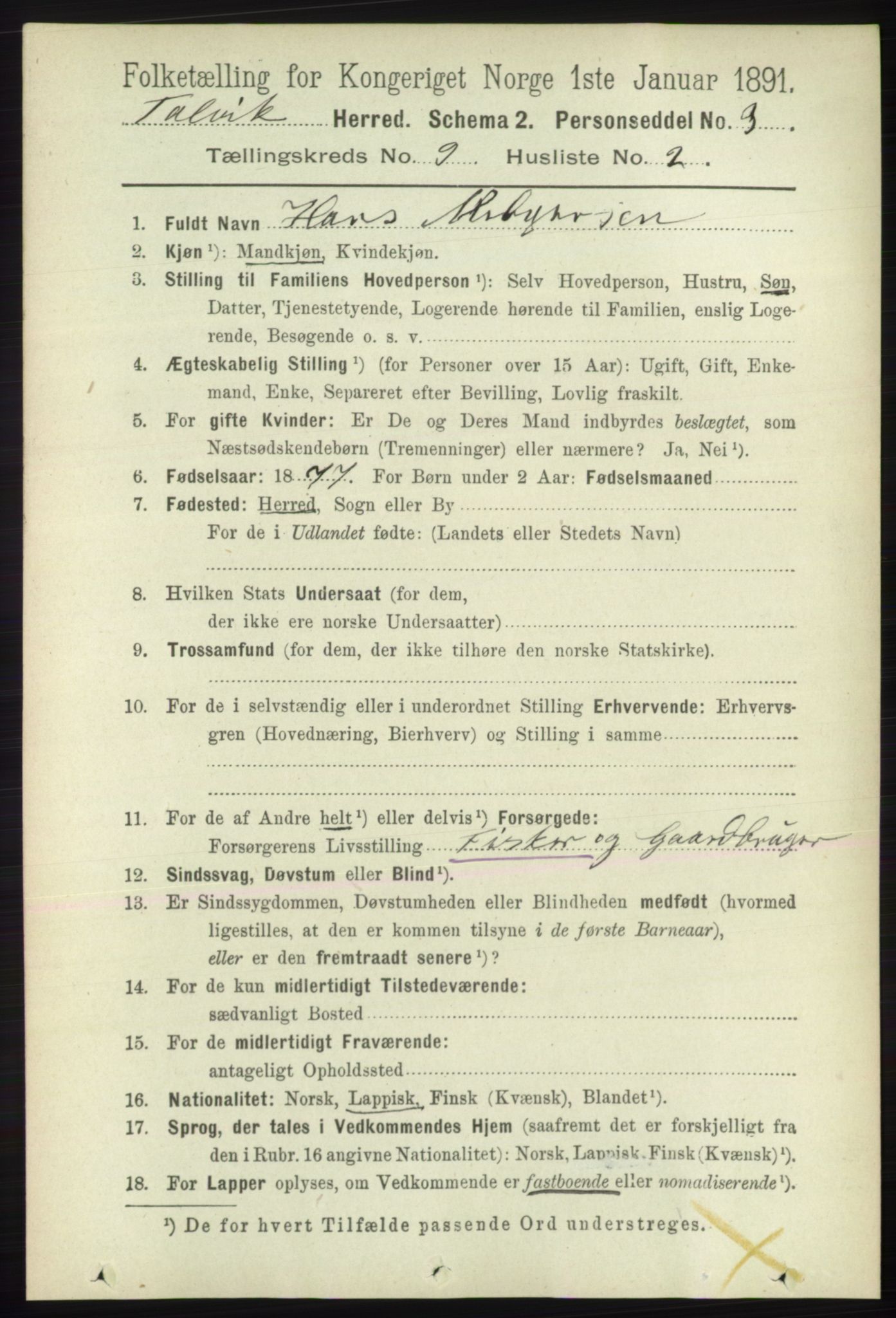 RA, 1891 census for 2013 Talvik, 1891, p. 2185