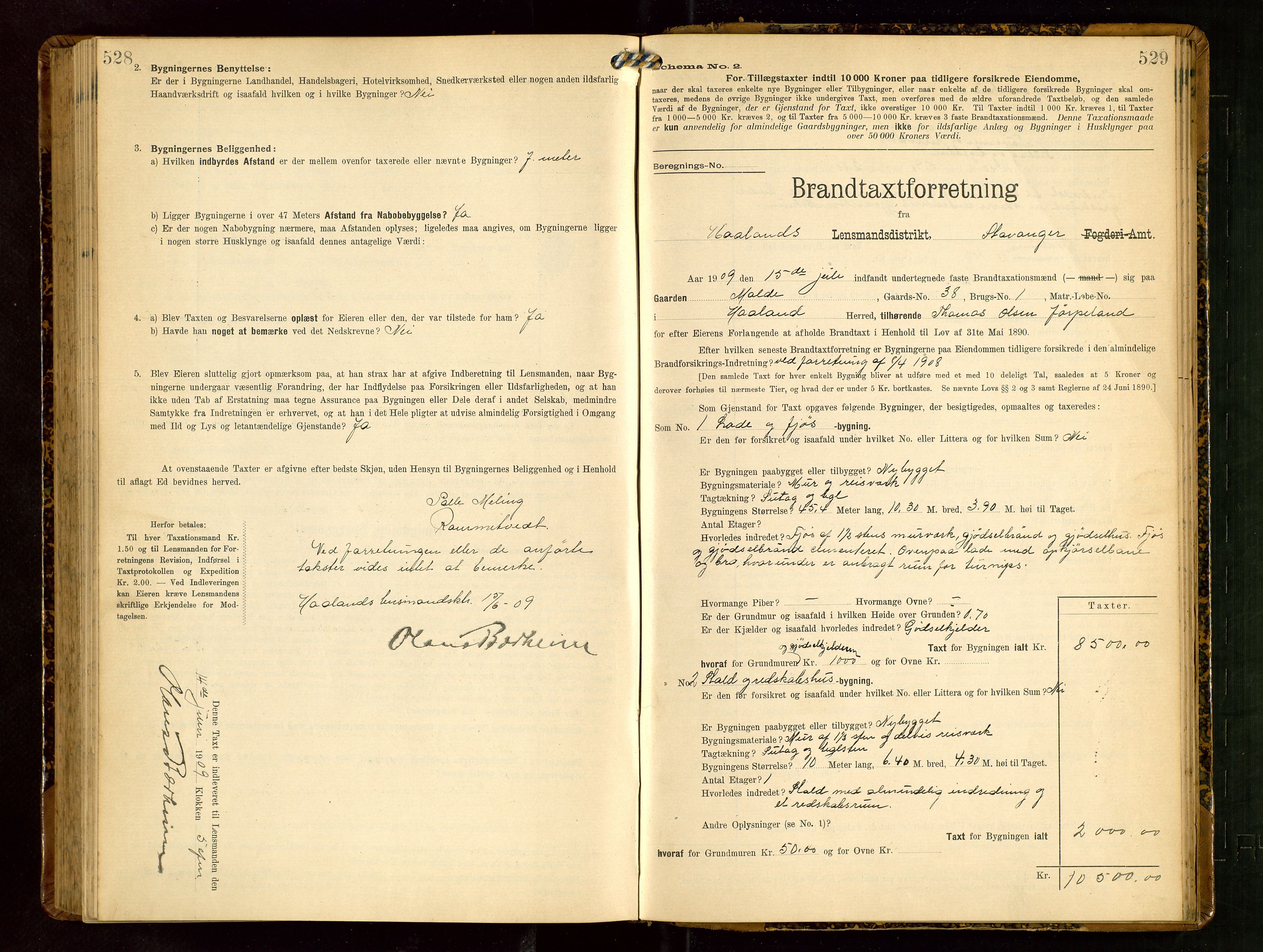 Håland lensmannskontor, AV/SAST-A-100100/Gob/L0003: Branntakstprotokoll - skjematakst. Register i boken., 1909-1910, p. 528-529