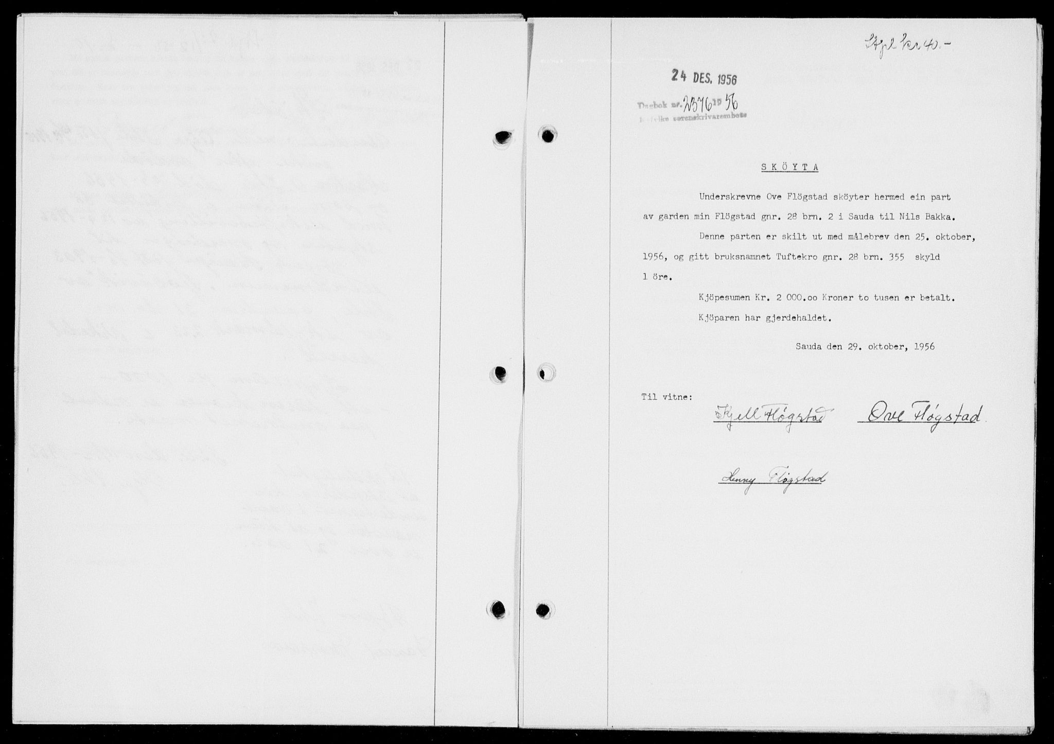 Ryfylke tingrett, AV/SAST-A-100055/001/II/IIB/L0135: Mortgage book no. 114, 1956-1957, Diary no: : 2376/1956