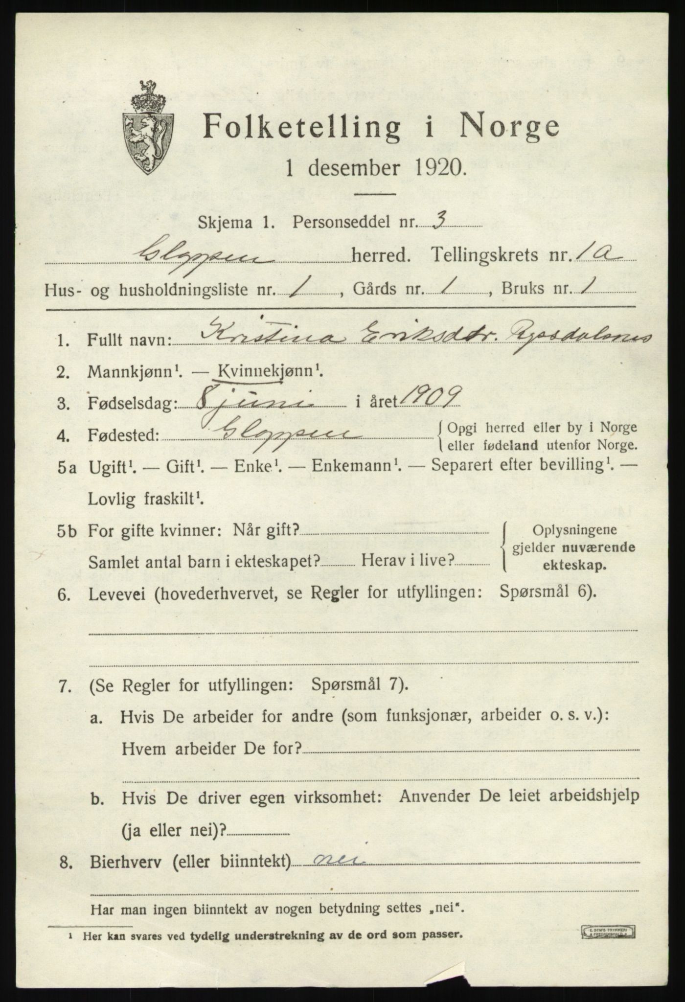 SAB, 1920 census for Gloppen, 1920, p. 1110
