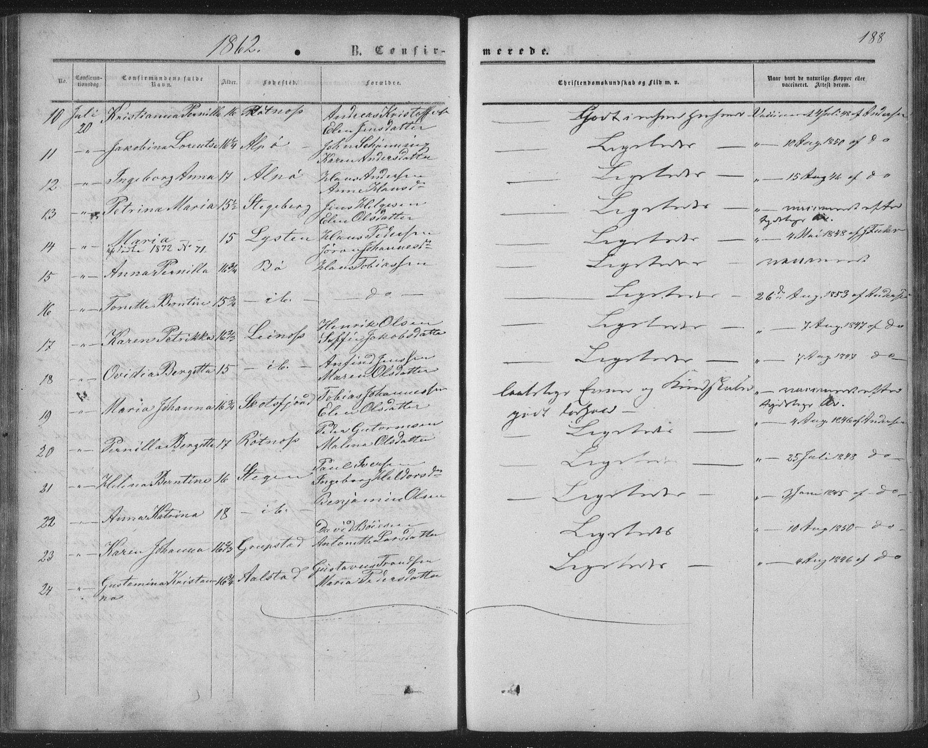 Ministerialprotokoller, klokkerbøker og fødselsregistre - Nordland, AV/SAT-A-1459/855/L0800: Parish register (official) no. 855A08, 1852-1864, p. 188