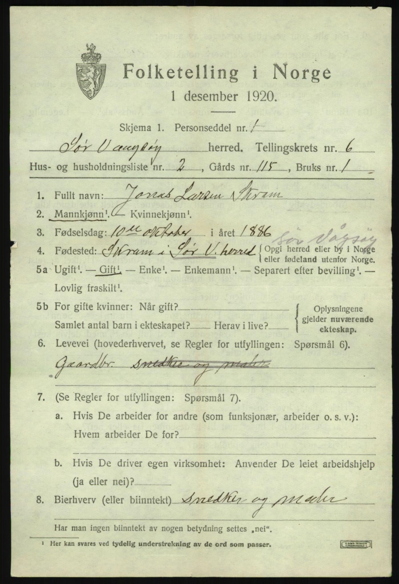 SAB, 1920 census for Sør-Vågsøy, 1920, p. 3294