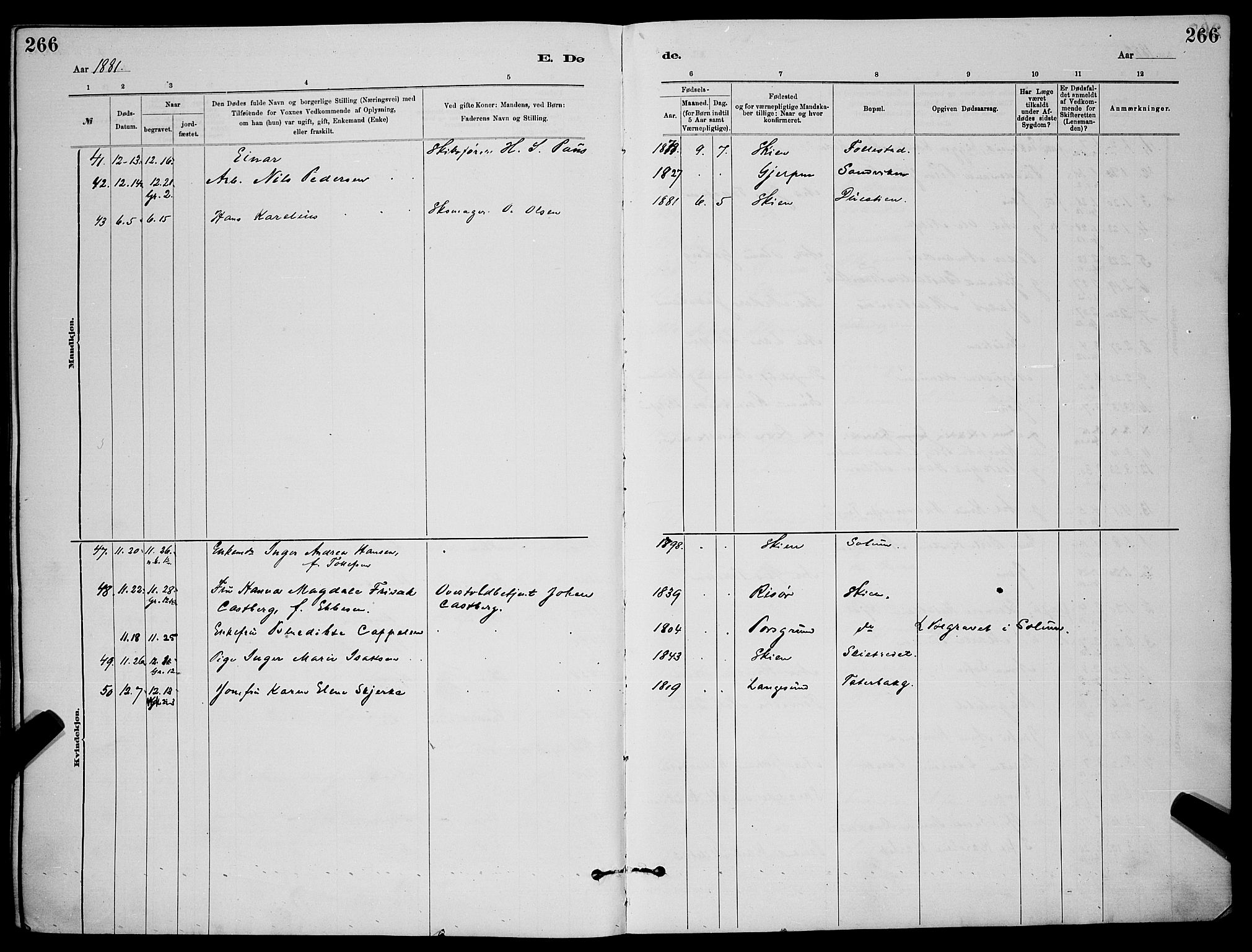 Skien kirkebøker, SAKO/A-302/G/Ga/L0006: Parish register (copy) no. 6, 1881-1890, p. 266