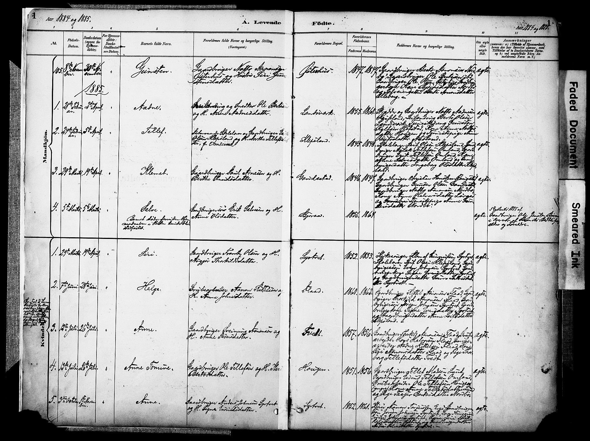 Evje sokneprestkontor, AV/SAK-1111-0008/F/Fa/Faa/L0007: Parish register (official) no. A 7, 1884-1909, p. 1