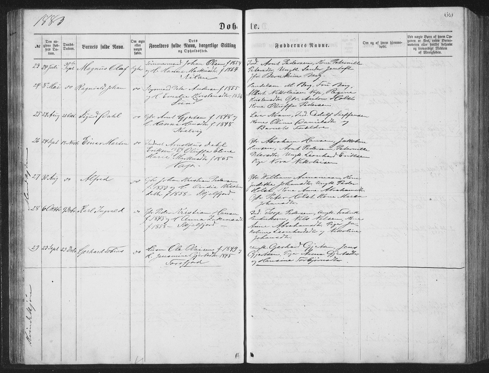 Ministerialprotokoller, klokkerbøker og fødselsregistre - Nordland, AV/SAT-A-1459/885/L1213: Parish register (copy) no. 885C02, 1874-1892, p. 69