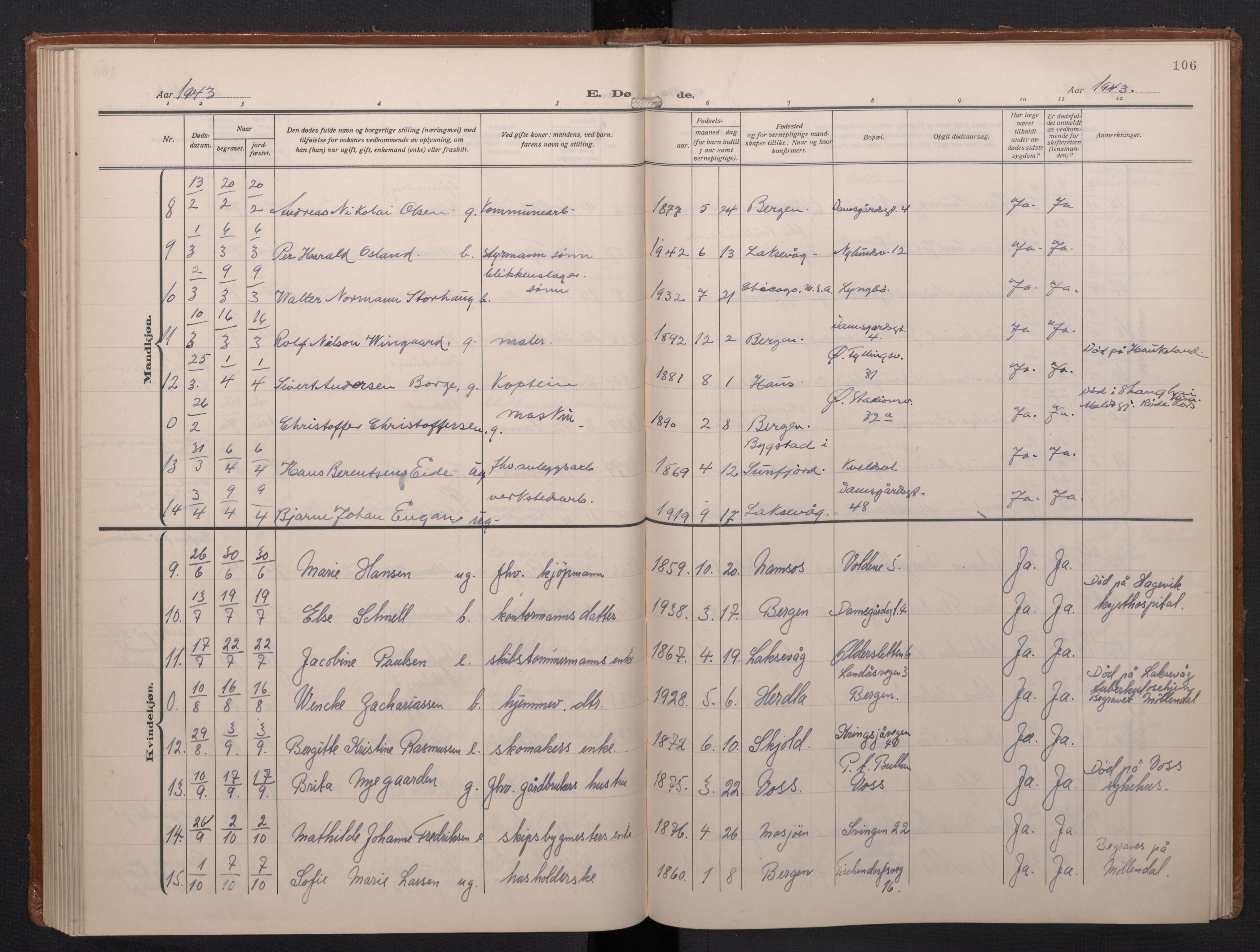 Laksevåg Sokneprestembete, SAB/A-76501/H/Ha/Haa/Haae/L0001: Parish register (official) no. E 1, 1924-1950, p. 106