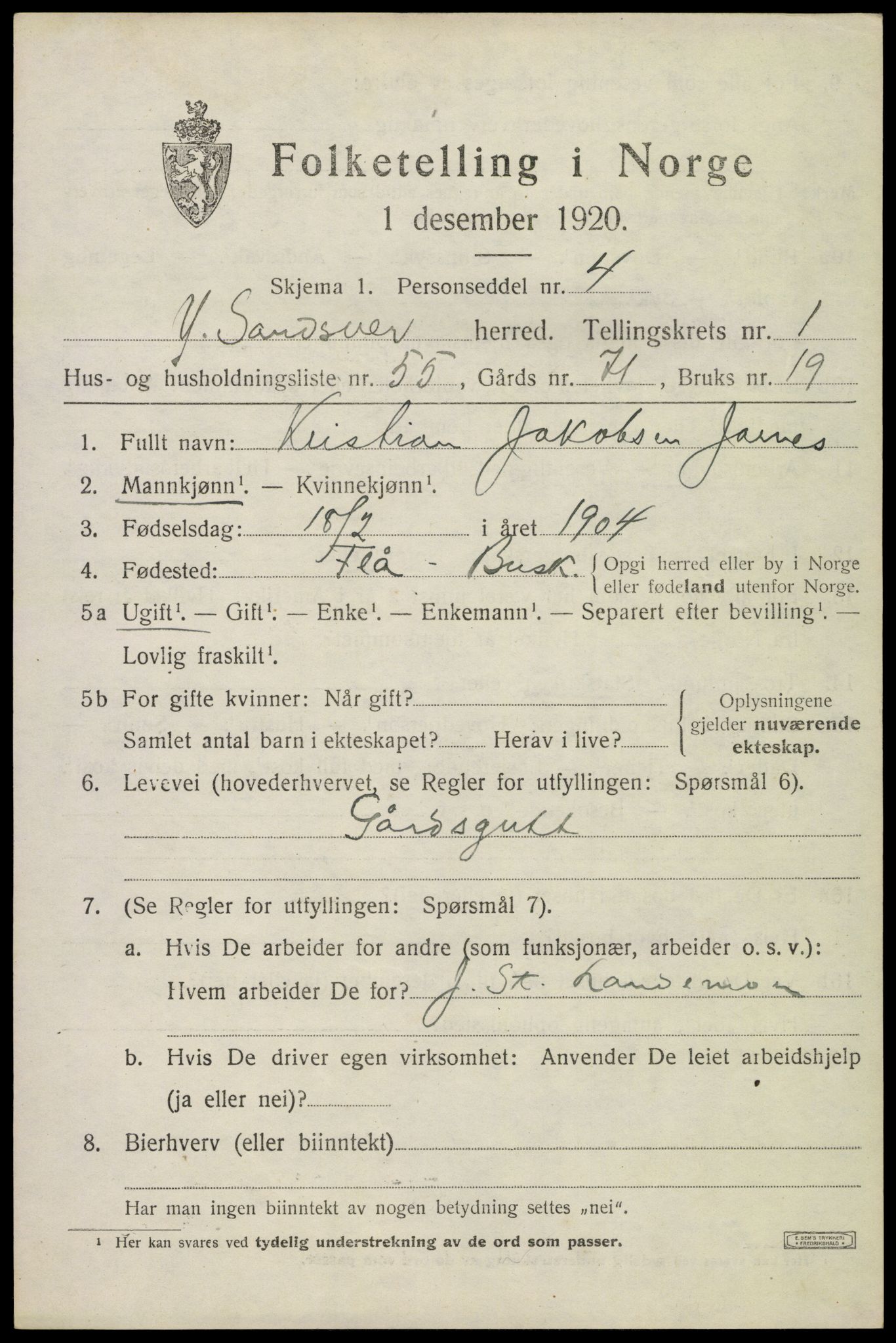 SAKO, 1920 census for Ytre Sandsvær, 1920, p. 1730