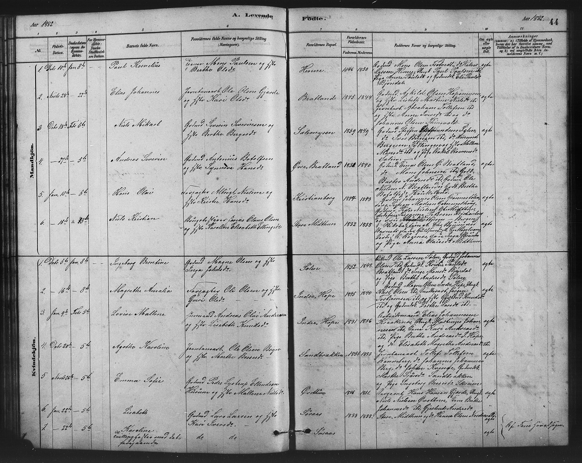 Birkeland Sokneprestembete, SAB/A-74601/H/Hab: Parish register (copy) no. A 3, 1877-1887, p. 44