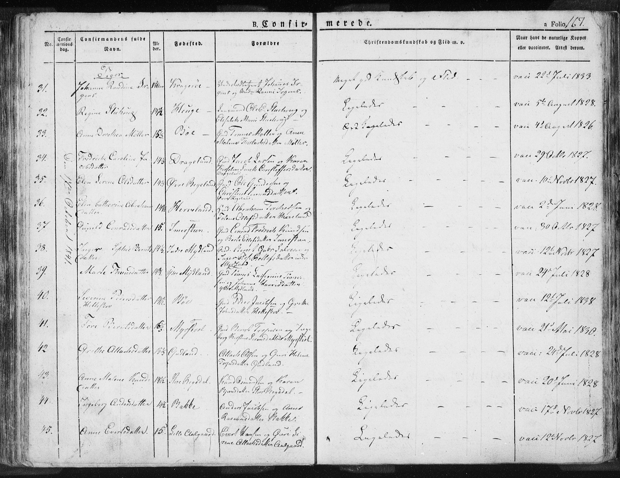 Sokndal sokneprestkontor, AV/SAST-A-101808: Parish register (official) no. A 7.1, 1826-1842, p. 167