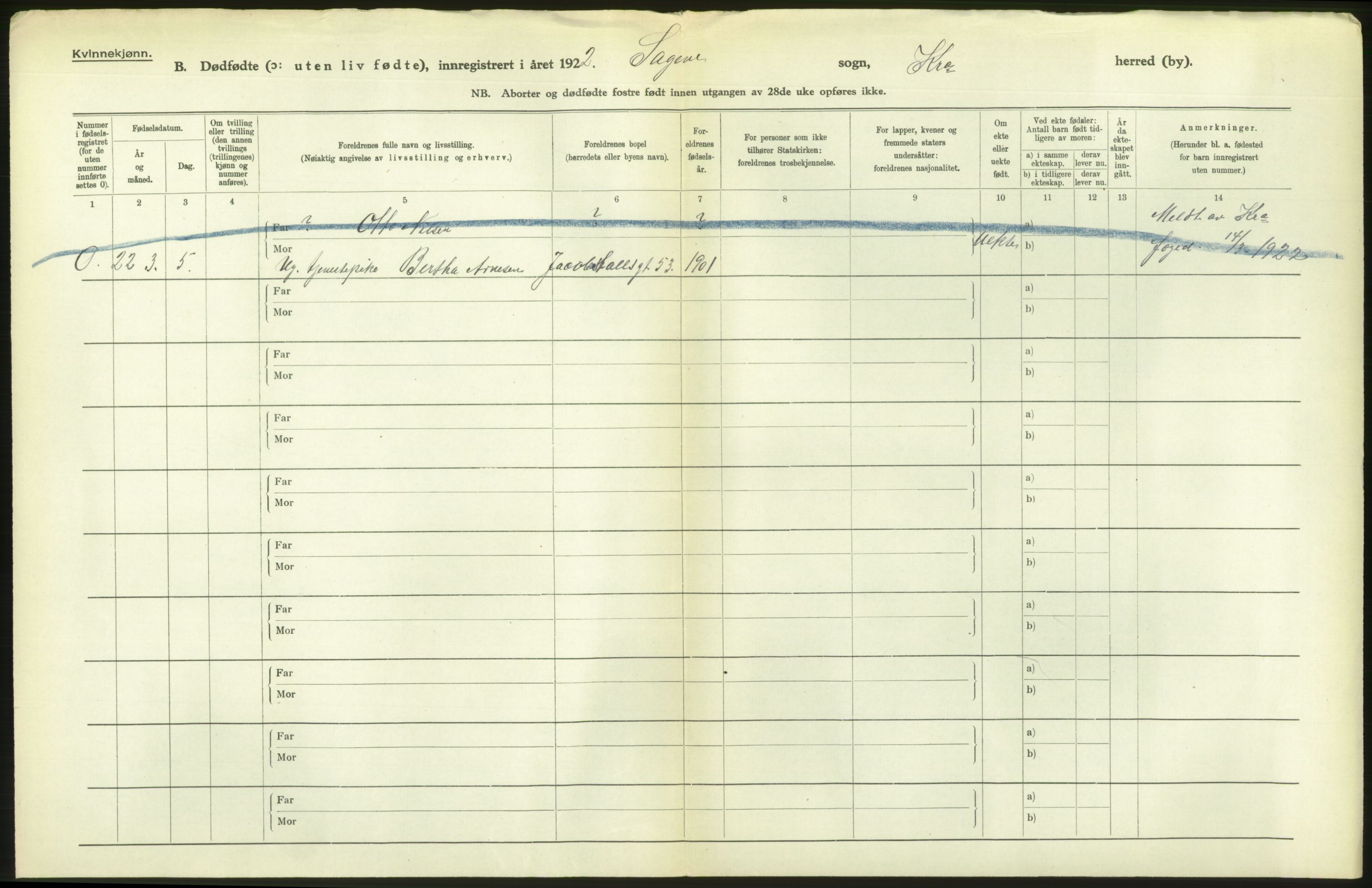 Statistisk sentralbyrå, Sosiodemografiske emner, Befolkning, AV/RA-S-2228/D/Df/Dfc/Dfcb/L0010: Kristiania: Døde, dødfødte, 1922, p. 62