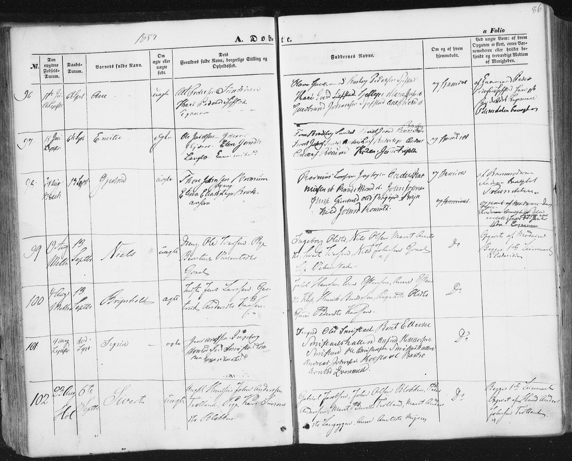 Ministerialprotokoller, klokkerbøker og fødselsregistre - Sør-Trøndelag, AV/SAT-A-1456/691/L1076: Parish register (official) no. 691A08, 1852-1861, p. 86