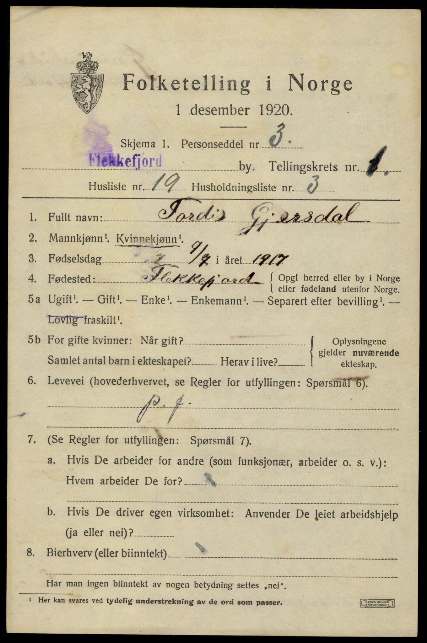 SAK, 1920 census for Flekkefjord, 1920, p. 2084