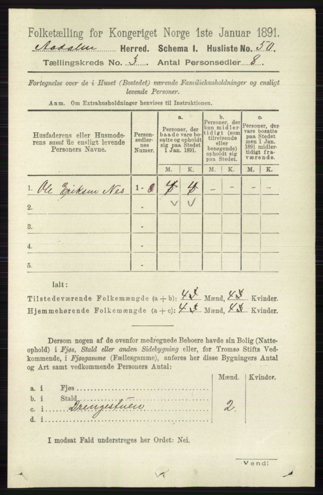 RA, 1891 census for 0614 Ådal, 1891, p. 1015