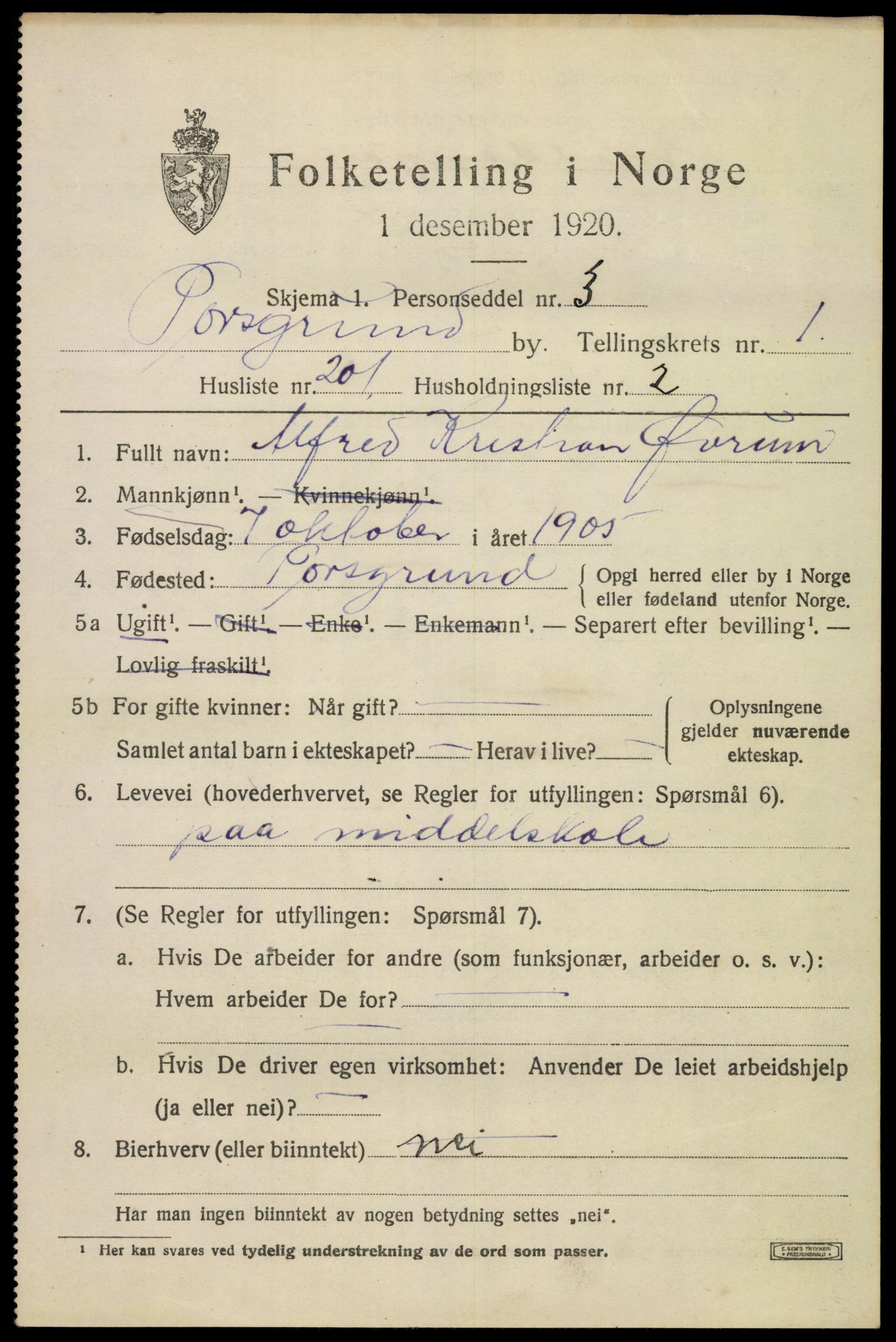 SAKO, 1920 census for Porsgrunn, 1920, p. 9415