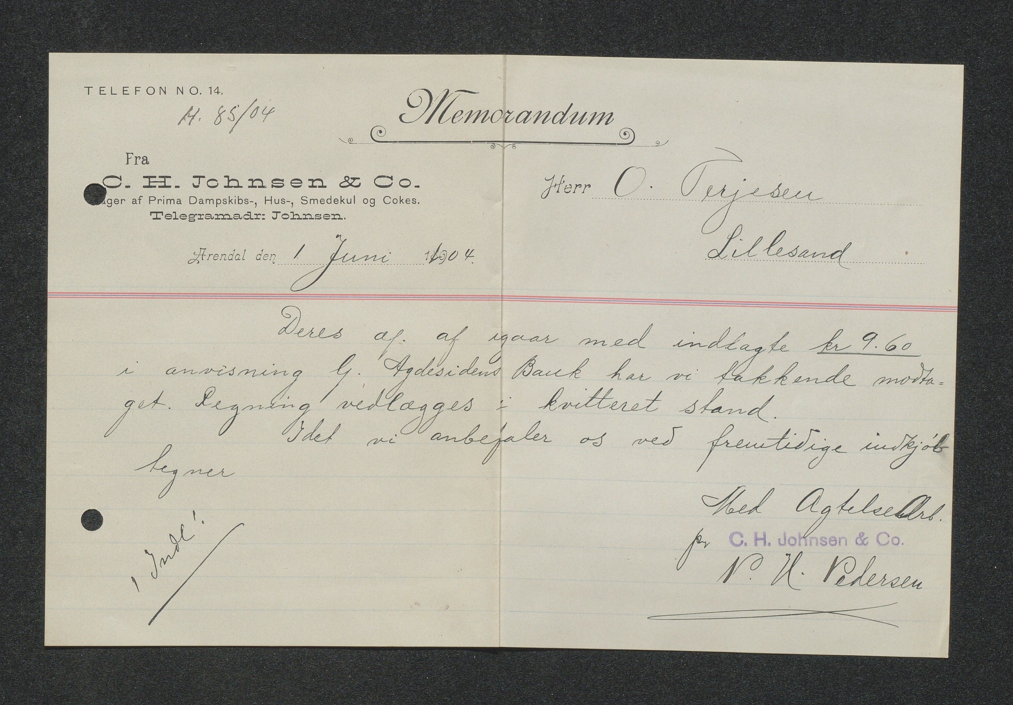 O. Terjesens rederi, AAKS/PA-2525/E/E01/L0013: Korrespondanse, 1904-1905