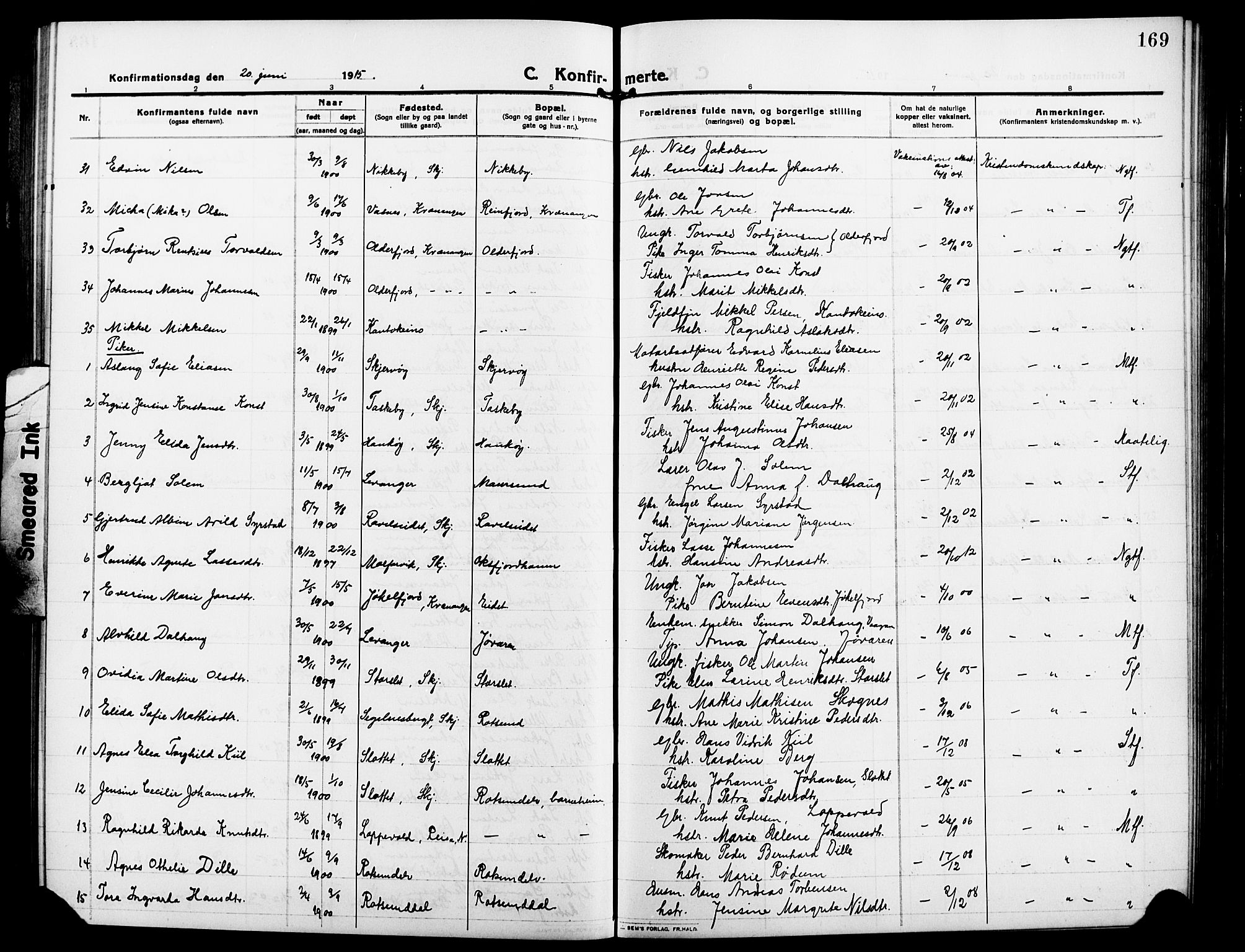 Skjervøy sokneprestkontor, AV/SATØ-S-1300/H/Ha/Hab/L0009klokker: Parish register (copy) no. 9, 1911-1926, p. 169