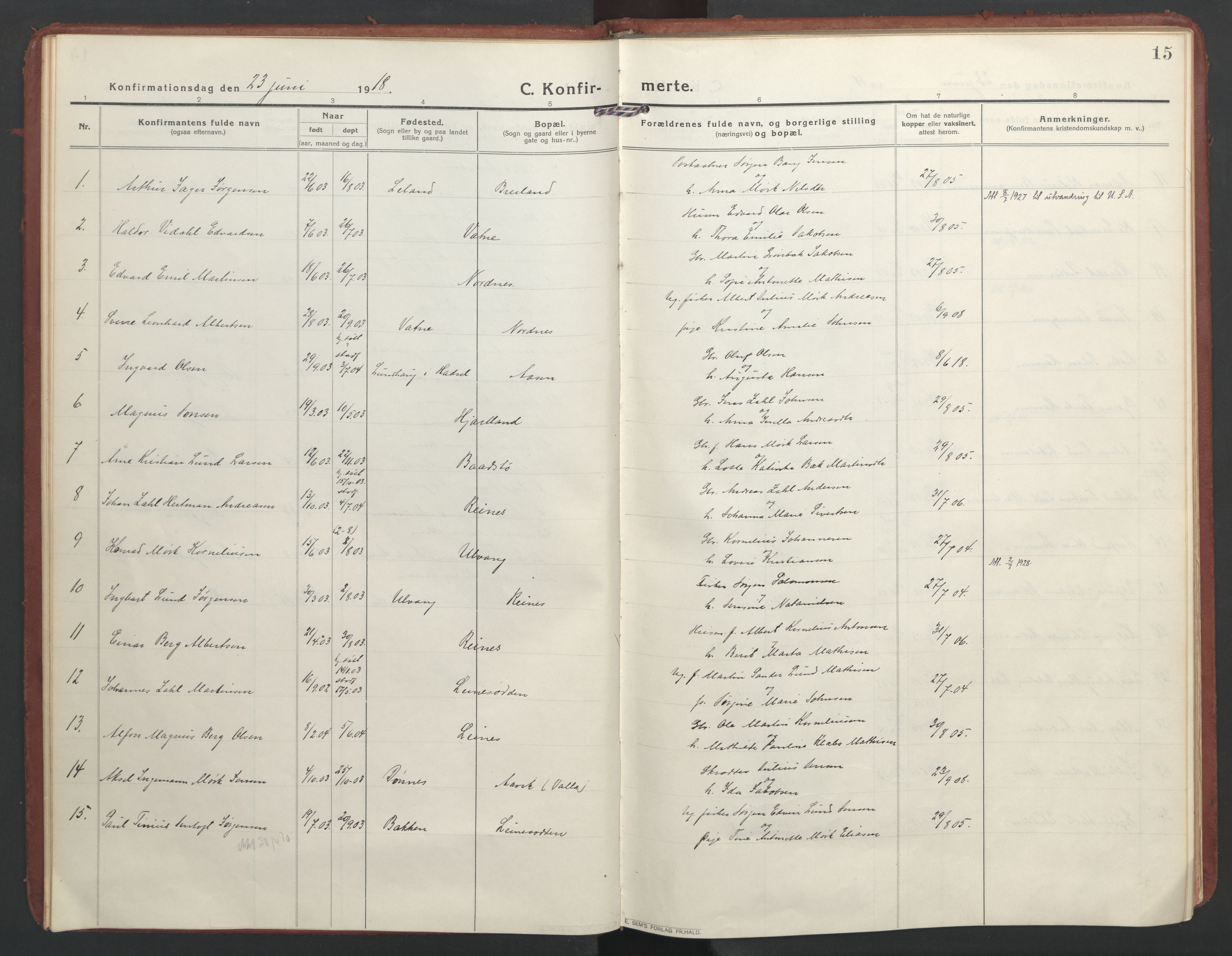 Ministerialprotokoller, klokkerbøker og fødselsregistre - Nordland, AV/SAT-A-1459/832/L0492: Parish register (official) no. 832A01, 1916-1934, p. 15