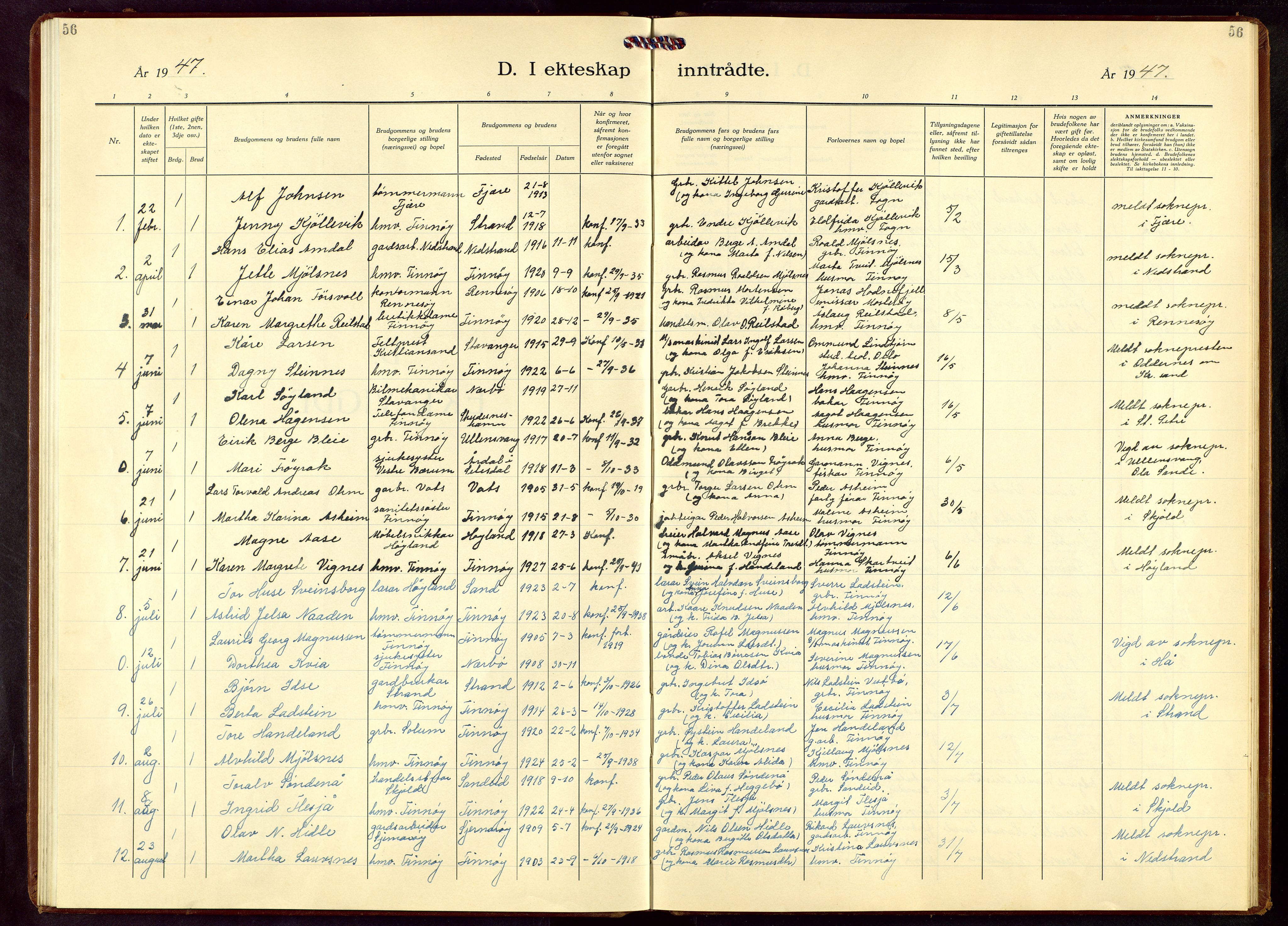 Finnøy sokneprestkontor, SAST/A-101825/H/Ha/Hab/L0009: Parish register (copy) no. B 9, 1947-1964, p. 56