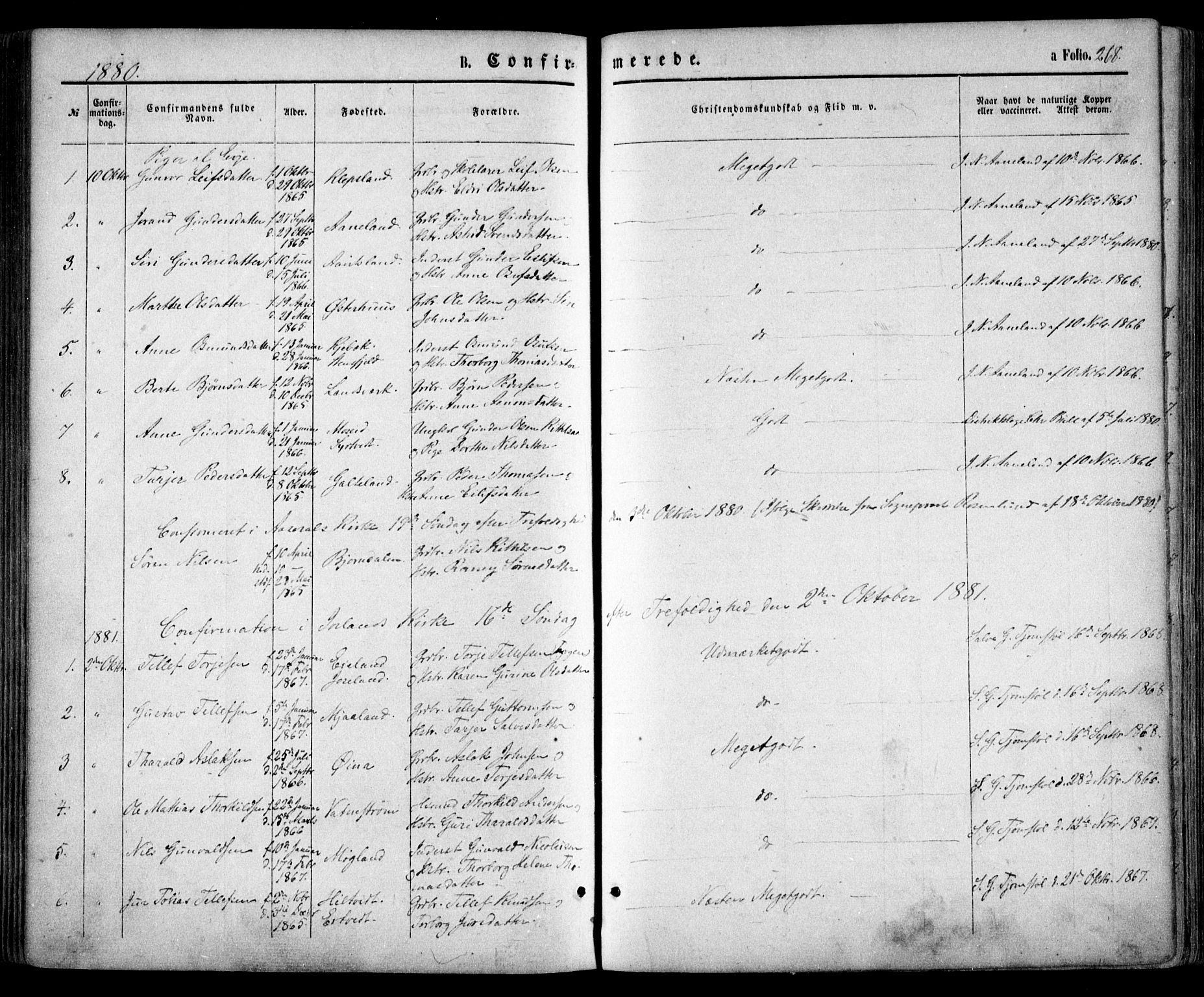 Evje sokneprestkontor, AV/SAK-1111-0008/F/Fa/Faa/L0006: Parish register (official) no. A 6, 1866-1884, p. 268