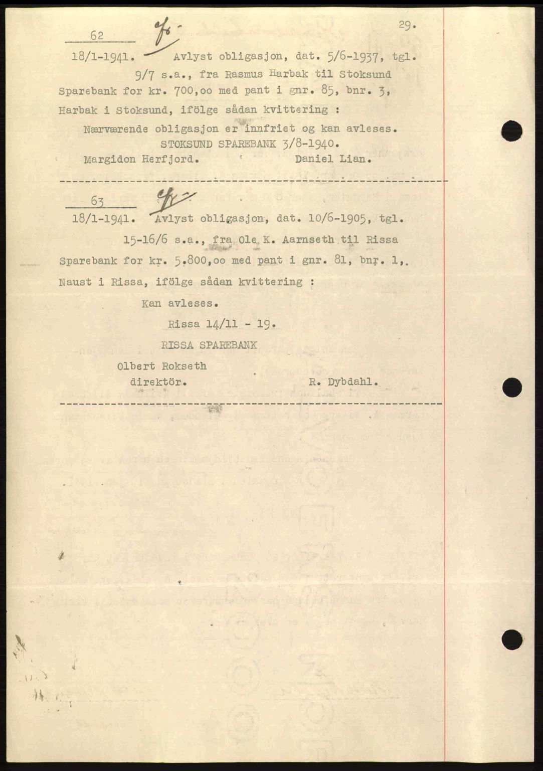 Fosen sorenskriveri, AV/SAT-A-1107/1/2/2C: Mortgage book no. A/B, 1941-1945, Diary no: : 62/1941