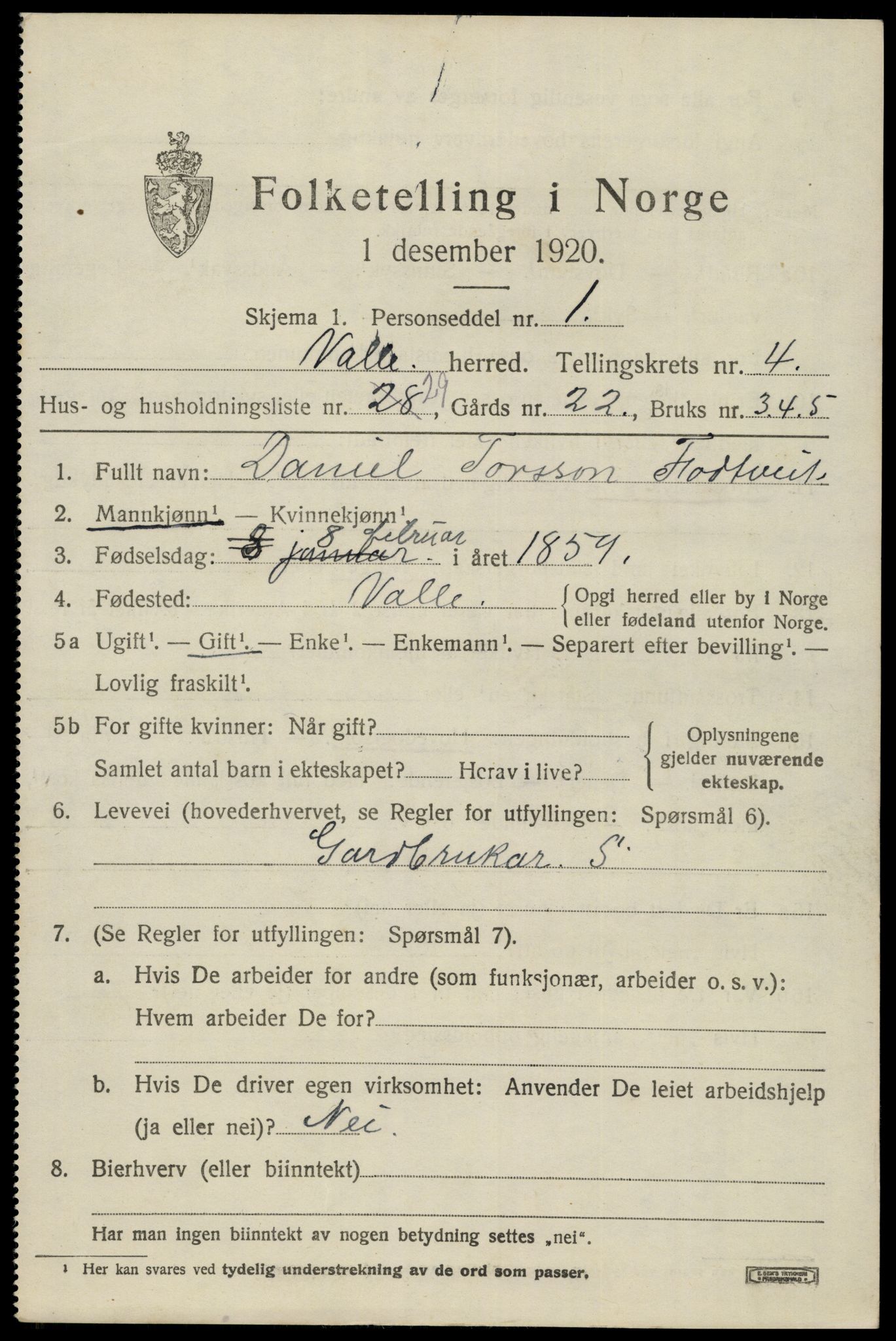 SAK, 1920 census for Valle, 1920, p. 2313