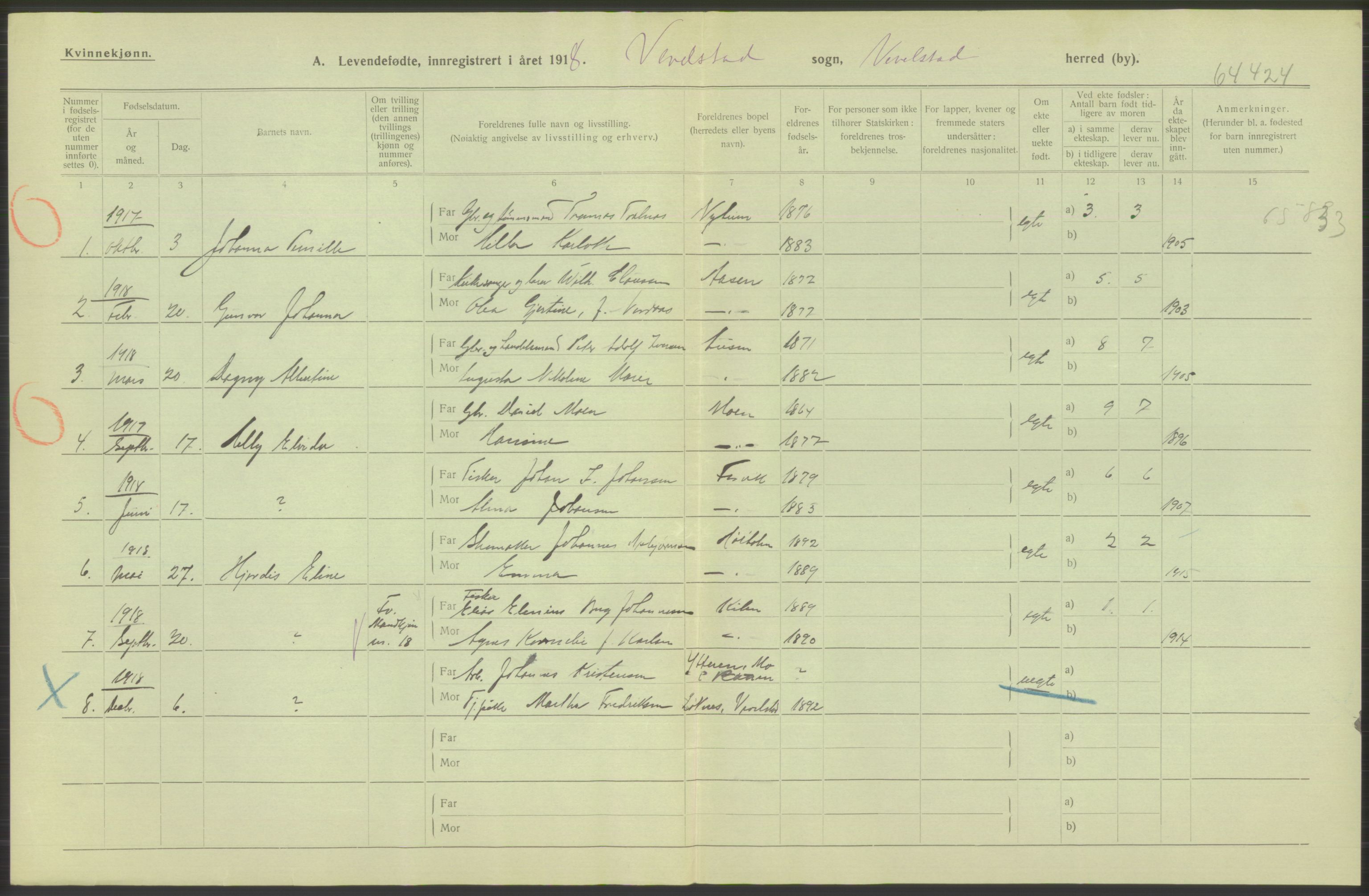 Statistisk sentralbyrå, Sosiodemografiske emner, Befolkning, RA/S-2228/D/Df/Dfb/Dfbh/L0052: Nordland fylke: Levendefødte menn og kvinner. Bygder., 1918, p. 682