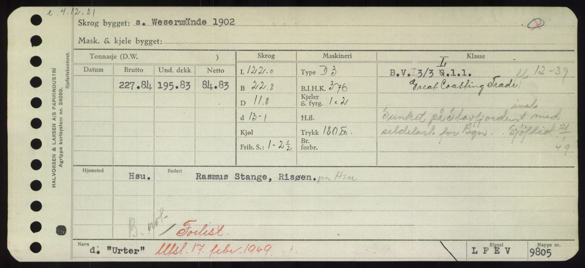 Sjøfartsdirektoratet med forløpere, Skipsmålingen, RA/S-1627/H/Hd/L0040: Fartøy, U-Ve, p. 141